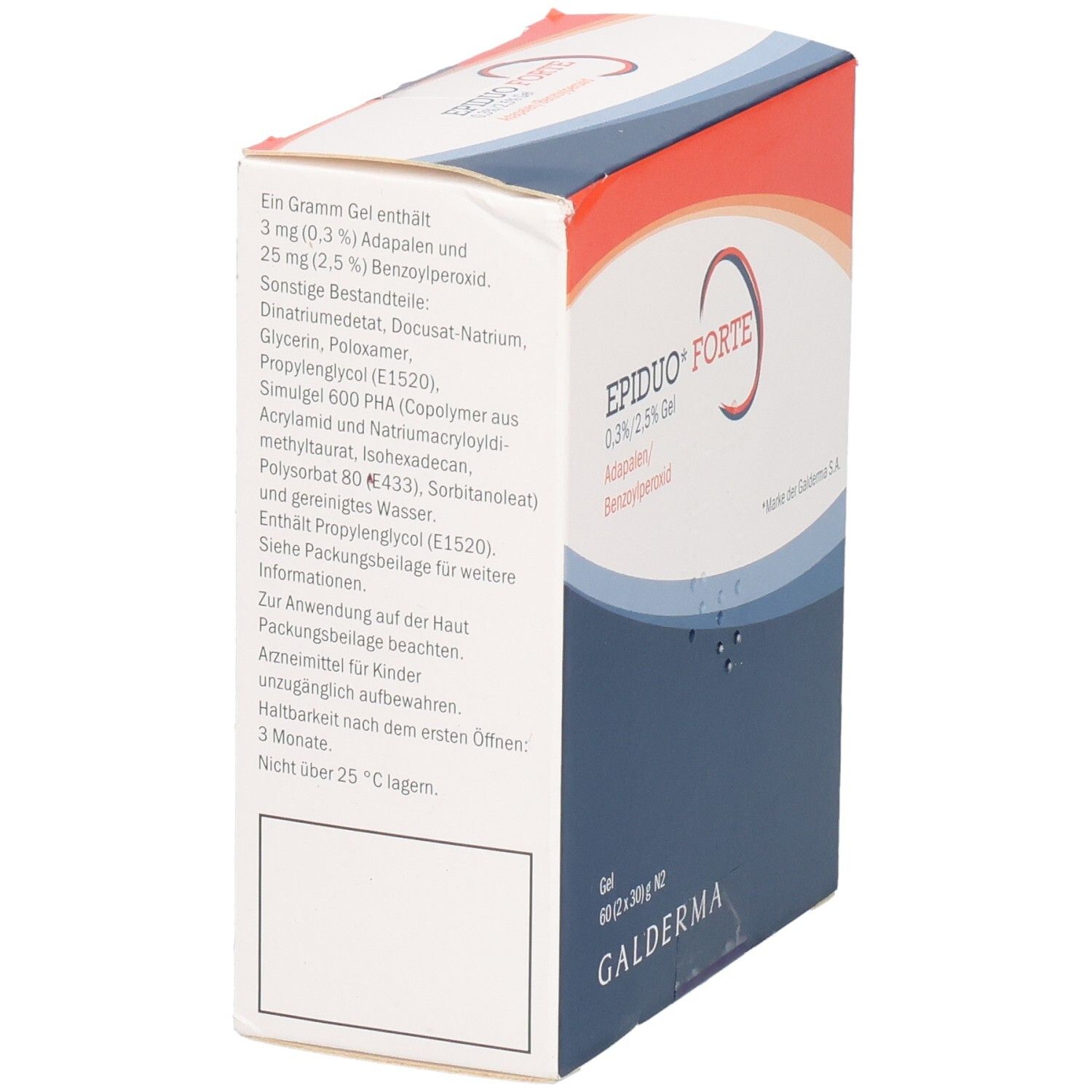 Seitenansicht der EPIDUO Forte Gel-Verpackung. Text: EPIDUO* FORTE, 0,3%/2,5% Gel, Galderma. Inhaltsstoffe und Anwendungshinweise.