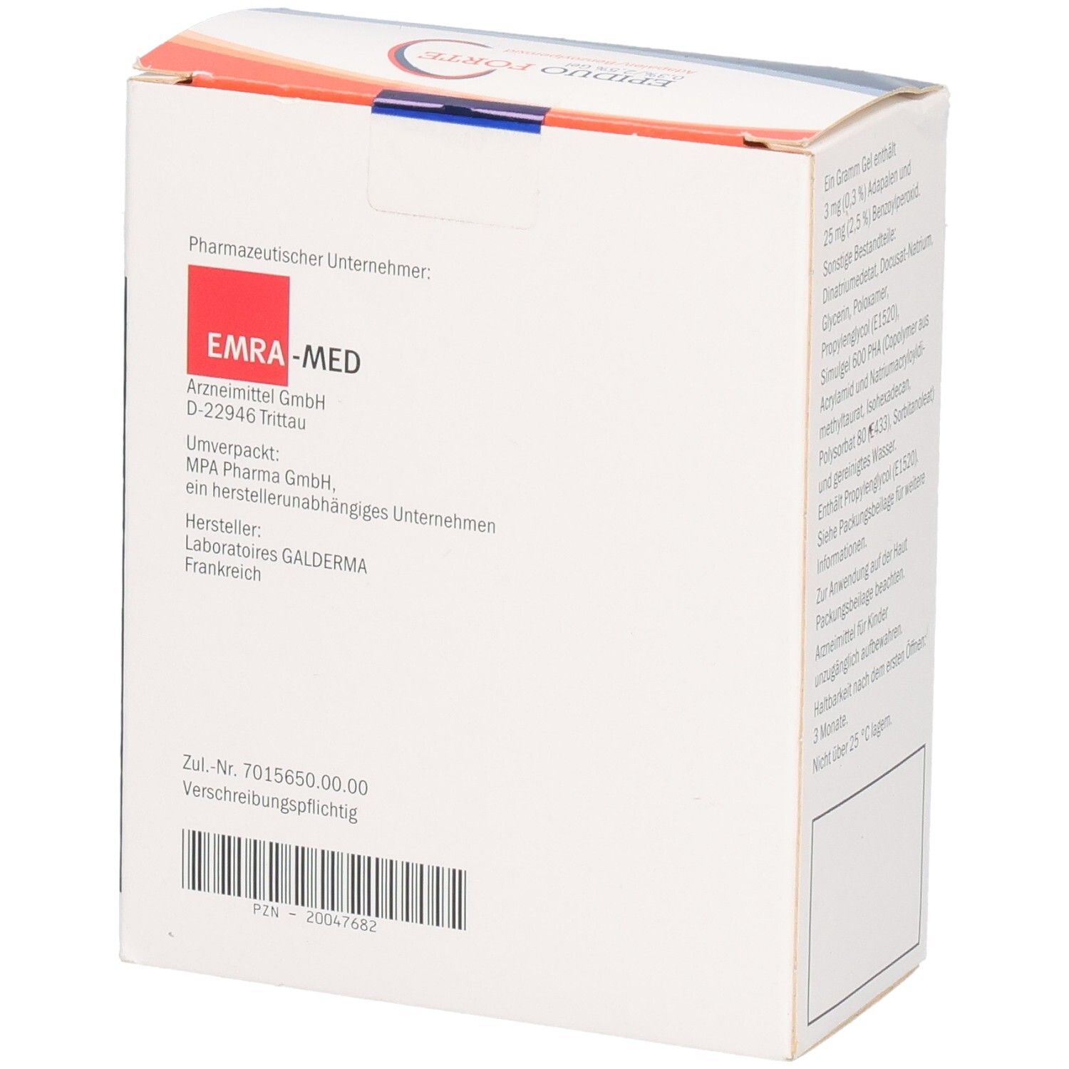 Rückseite der EPIDUO Forte Gel-Verpackung. Text: EMRA-MED, Pharmaz. Unternehmen, Hersteller, Chargennummer.