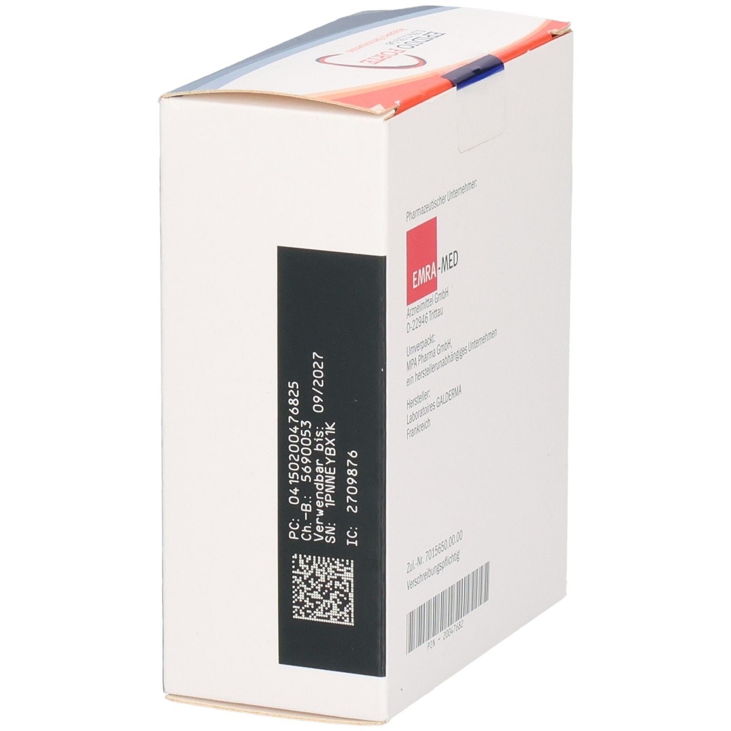 Seitenansicht der EPIDUO Forte Gel-Verpackung. Text: EMRA-MED, Chargennummer, Verfallsdatum, QR-Code.