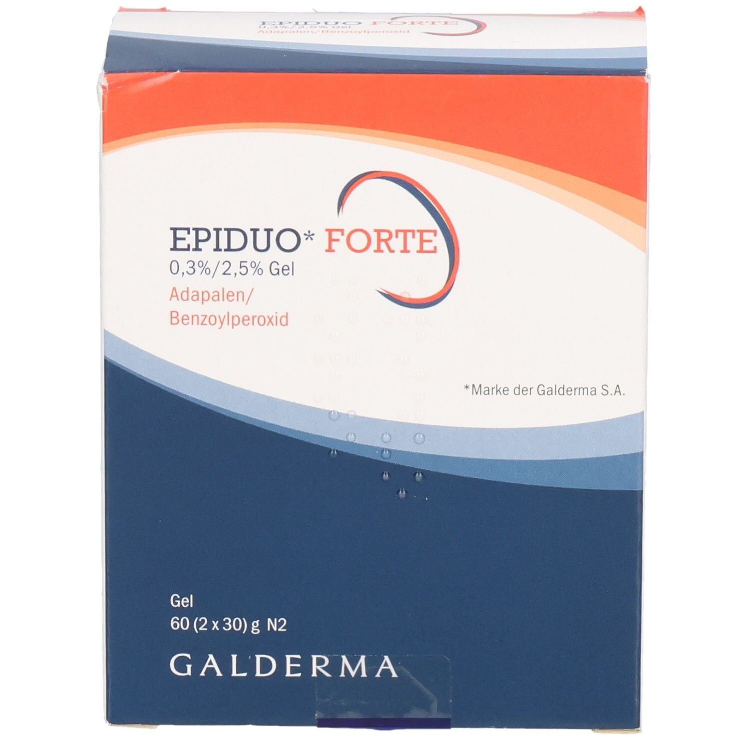 Vorderansicht der EPIDUO Forte Gel-Verpackung. Blaue, weiße und rote Farben. Text: EPIDUO* FORTE, 0,3%/2,5% Gel, Galderma.