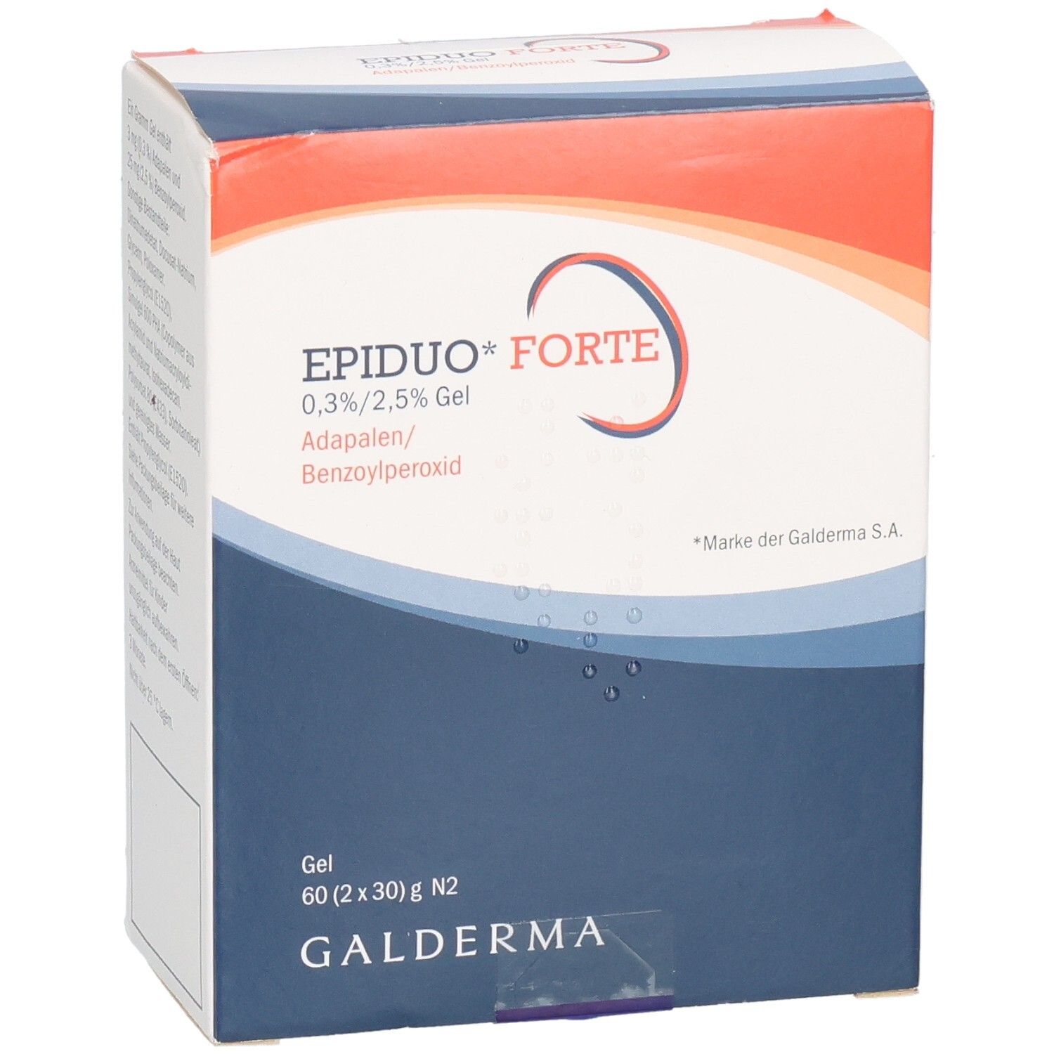 Vorderansicht der EPIDUO Forte Gel-Verpackung. Blaue, weiße und rote Farben. Text: EPIDUO* FORTE, 0,3%/2,5% Gel, Galderma.