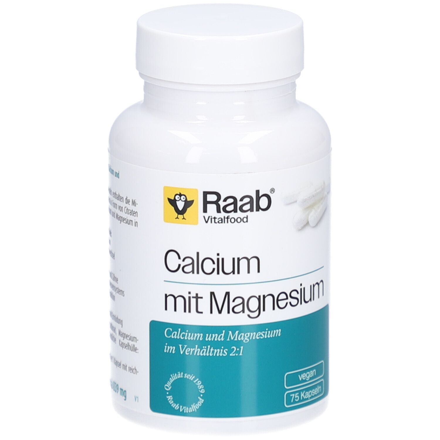 Weiße Flasche mit Kapseln. Aufschrift: Raab Vitalfood Calcium mit Magnesium. Vegan, 75 Kapseln.