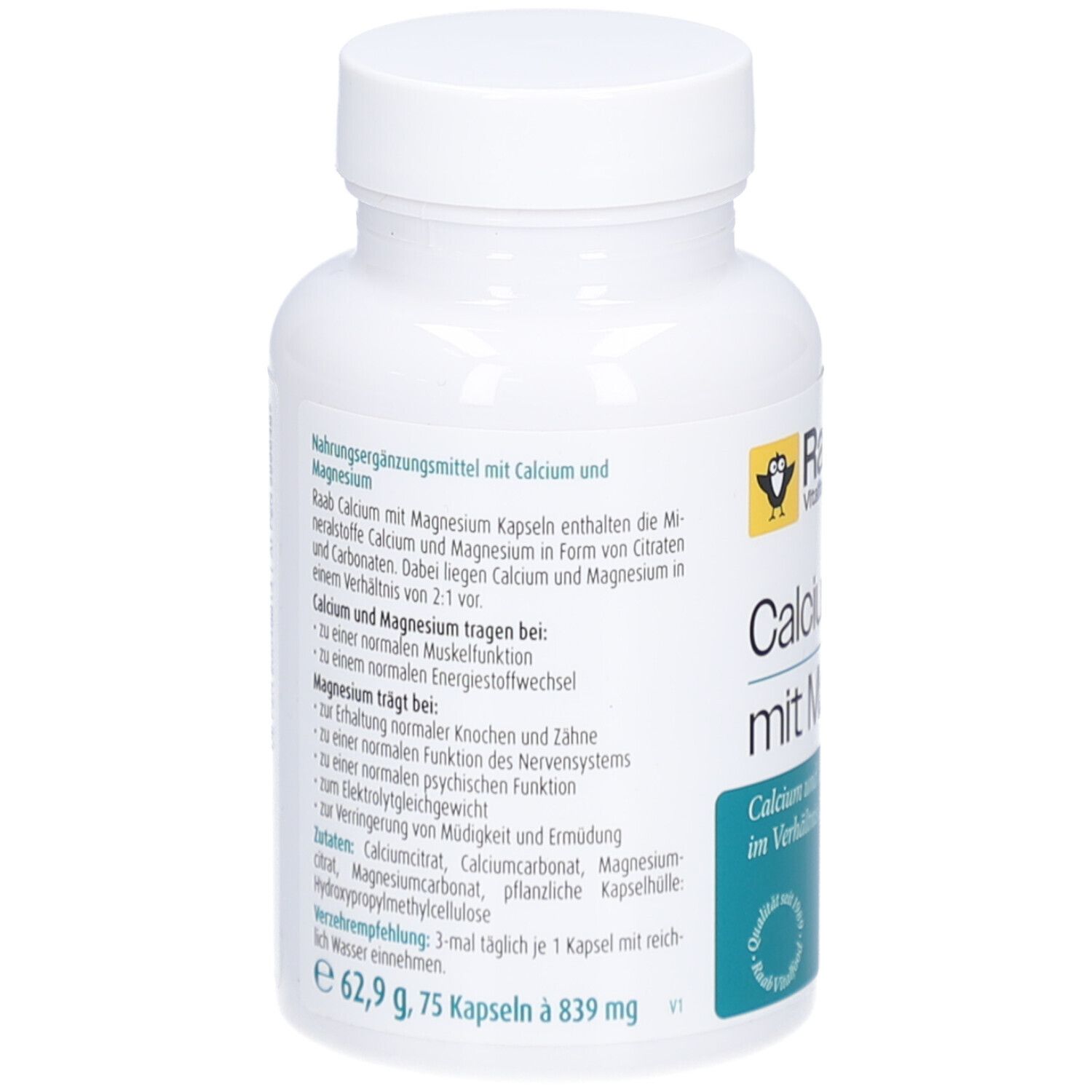 Weiße Flasche, Rückseite. Text: Raab Calcium mit Magnesium Kapseln. Inhaltsstoffe, Verzehrempfehlung, Gewicht.