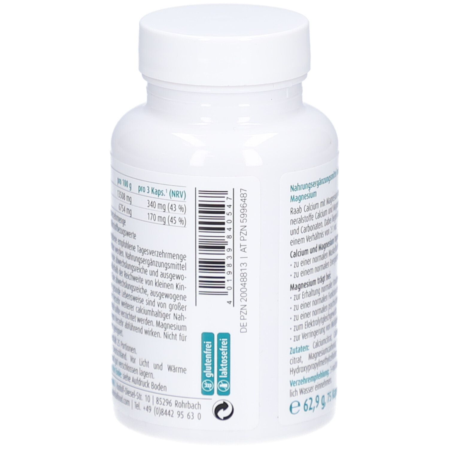 Weiße Flasche, Rückseite. Text: Nährwertangaben, Barcode, glutenfrei, laktosefrei. Herstellerinformationen.