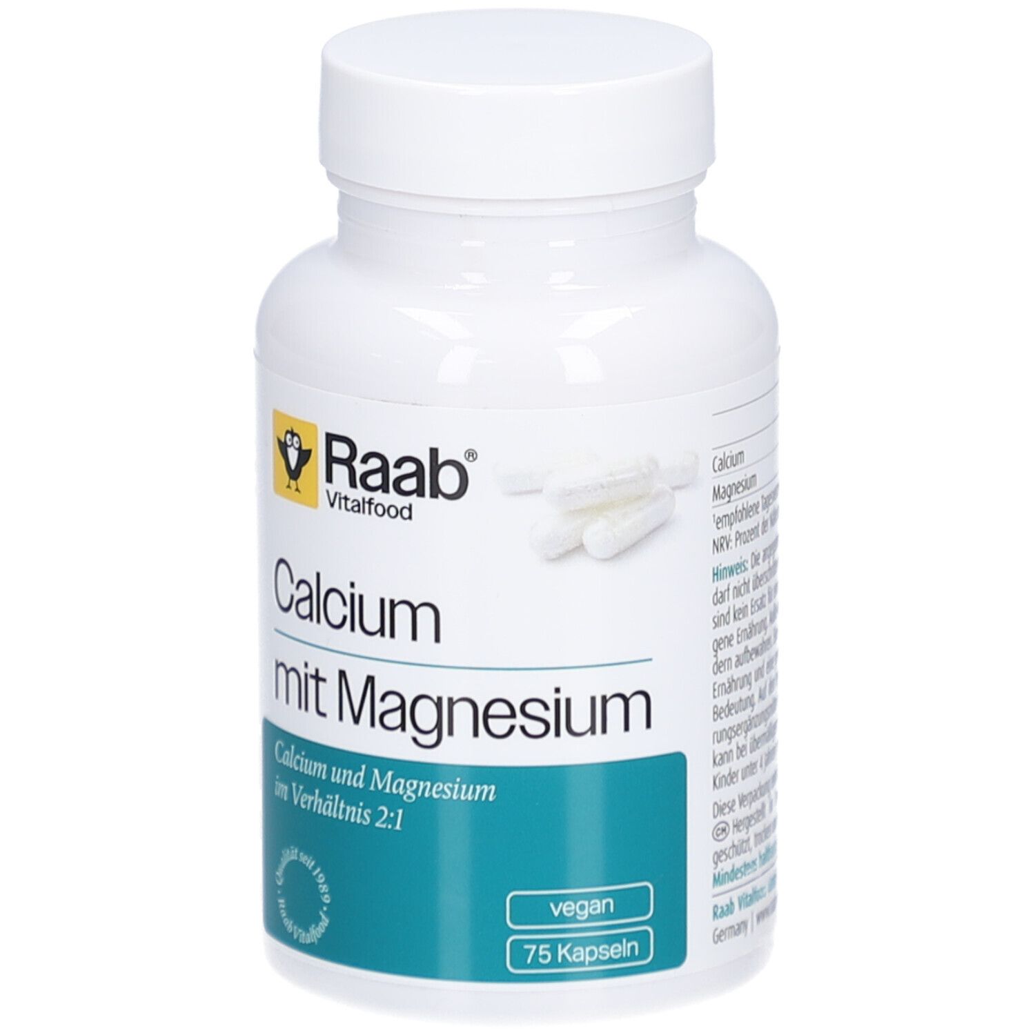 Weiße Flasche mit Kapseln. Aufschrift: Raab Vitalfood Calcium mit Magnesium. Vegan, 75 Kapseln.