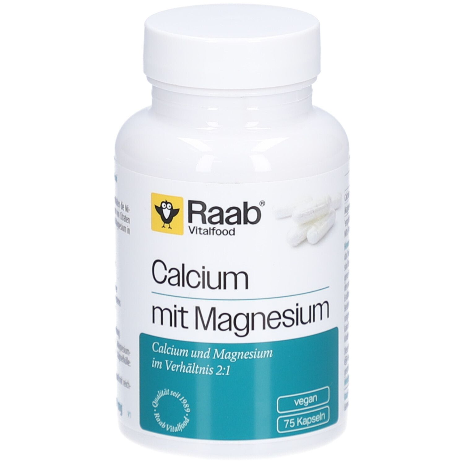 Weiße Flasche mit Kapseln. Aufschrift: Raab Vitalfood Calcium mit Magnesium. Vegan, 75 Kapseln.
