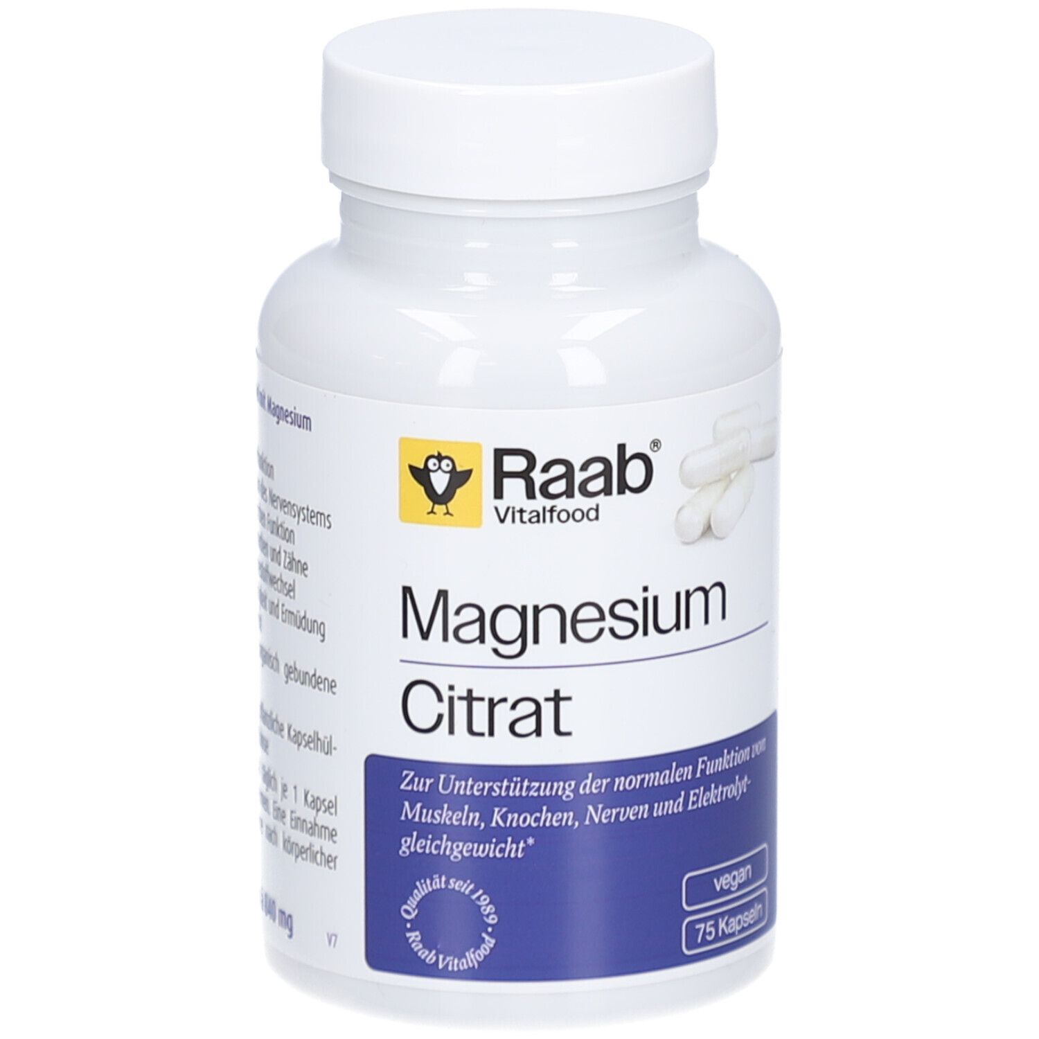 Weiße Flasche mit Kapseln. Aufschrift: Raab Vitalfood Magnesium Citrat. 75 Kapseln. Vegan.