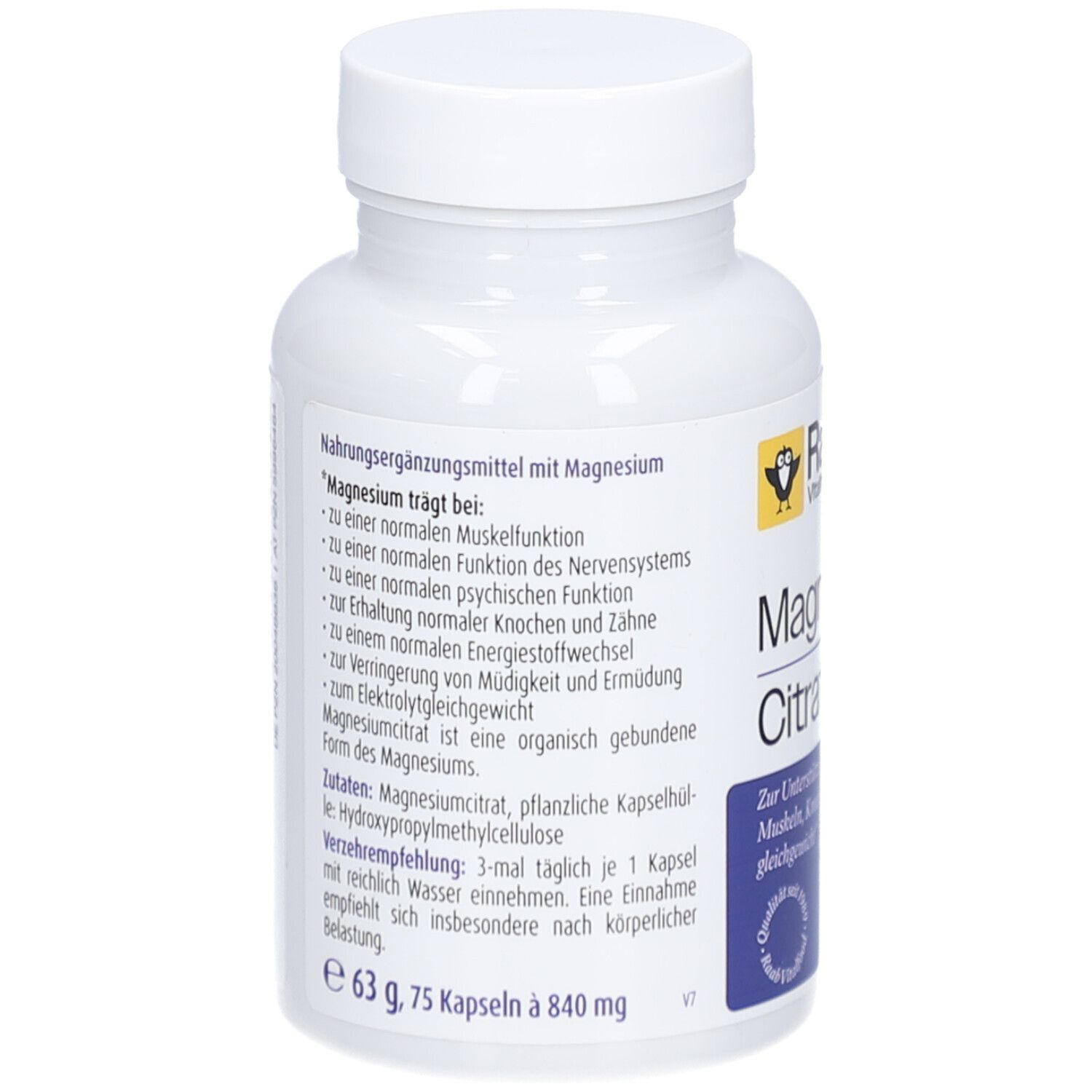 Rückseite der Flasche. Text über Magnesium. Zutaten, Verzehrempfehlung. 63 g, 75 Kapseln. Vegan.