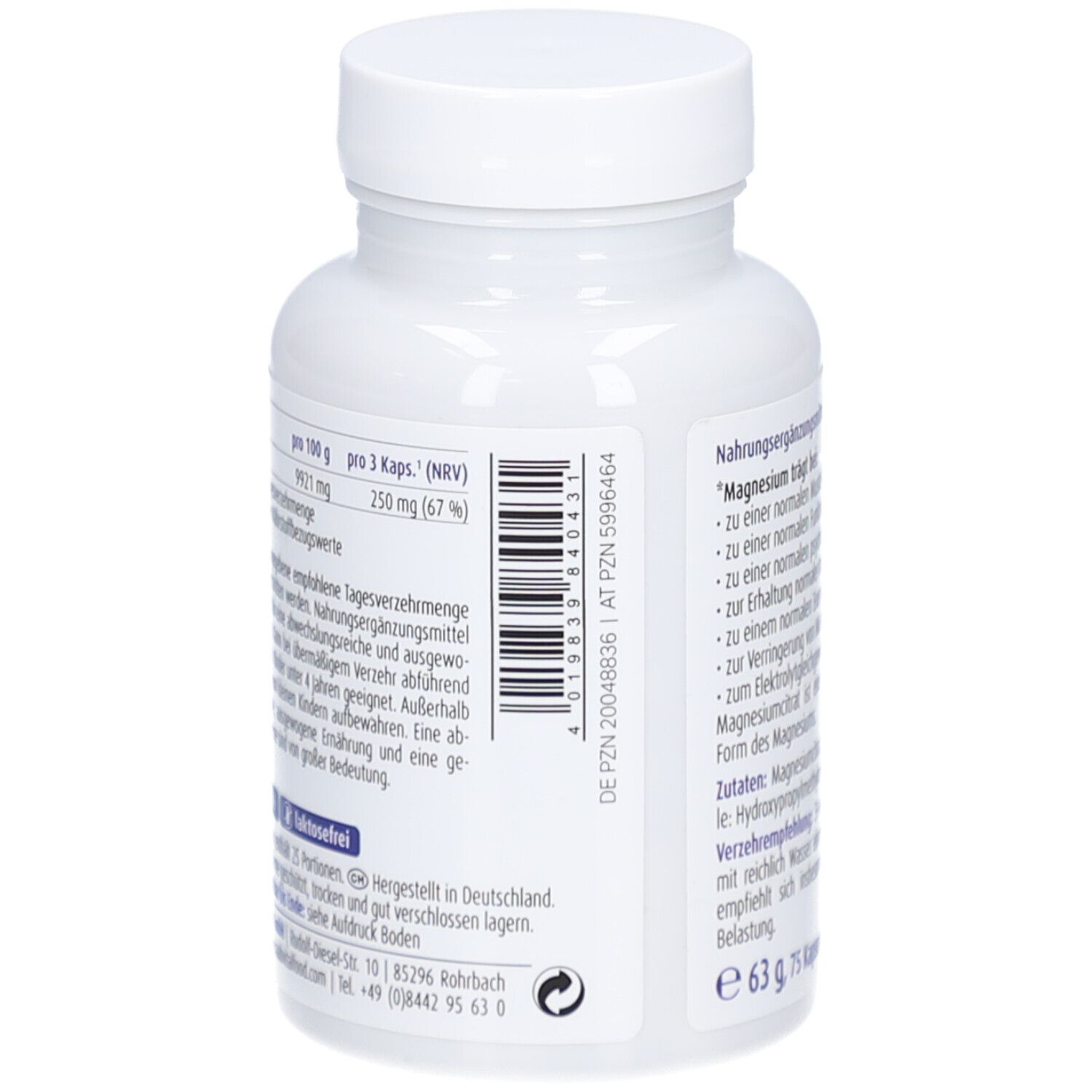 Rückseite der Flasche. Text über Magnesium. Barcode. 63 g, 75 Kapseln. Vegan.