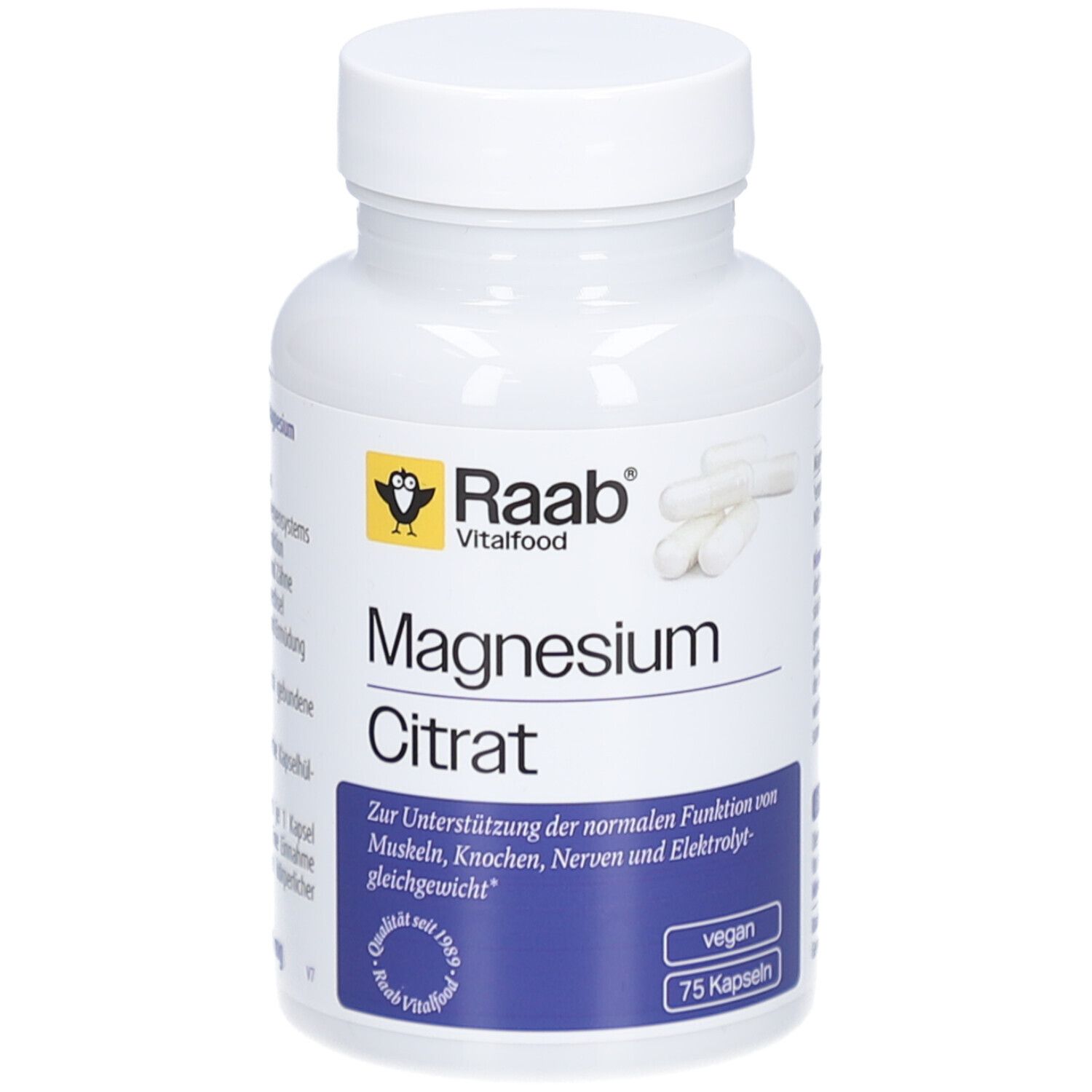 Weiße Flasche mit Kapseln. Aufschrift: Raab Vitalfood Magnesium Citrat. 75 Kapseln. Vegan.