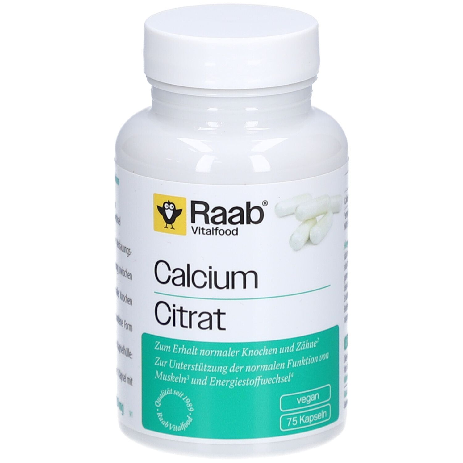 Weiße Flasche mit Kapseln. Aufschrift: Raab Vitalfood, Calcium Citrat. Grünes Etikett mit Text. 75 Kapseln, vegan.