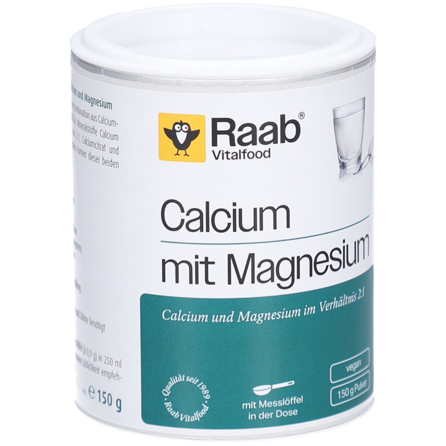 Dose mit Raab Vitalfood Calcium mit Magnesium Pulver. Aufschrift: Calcium mit Magnesium. Vegan. Mit Messlöffel.