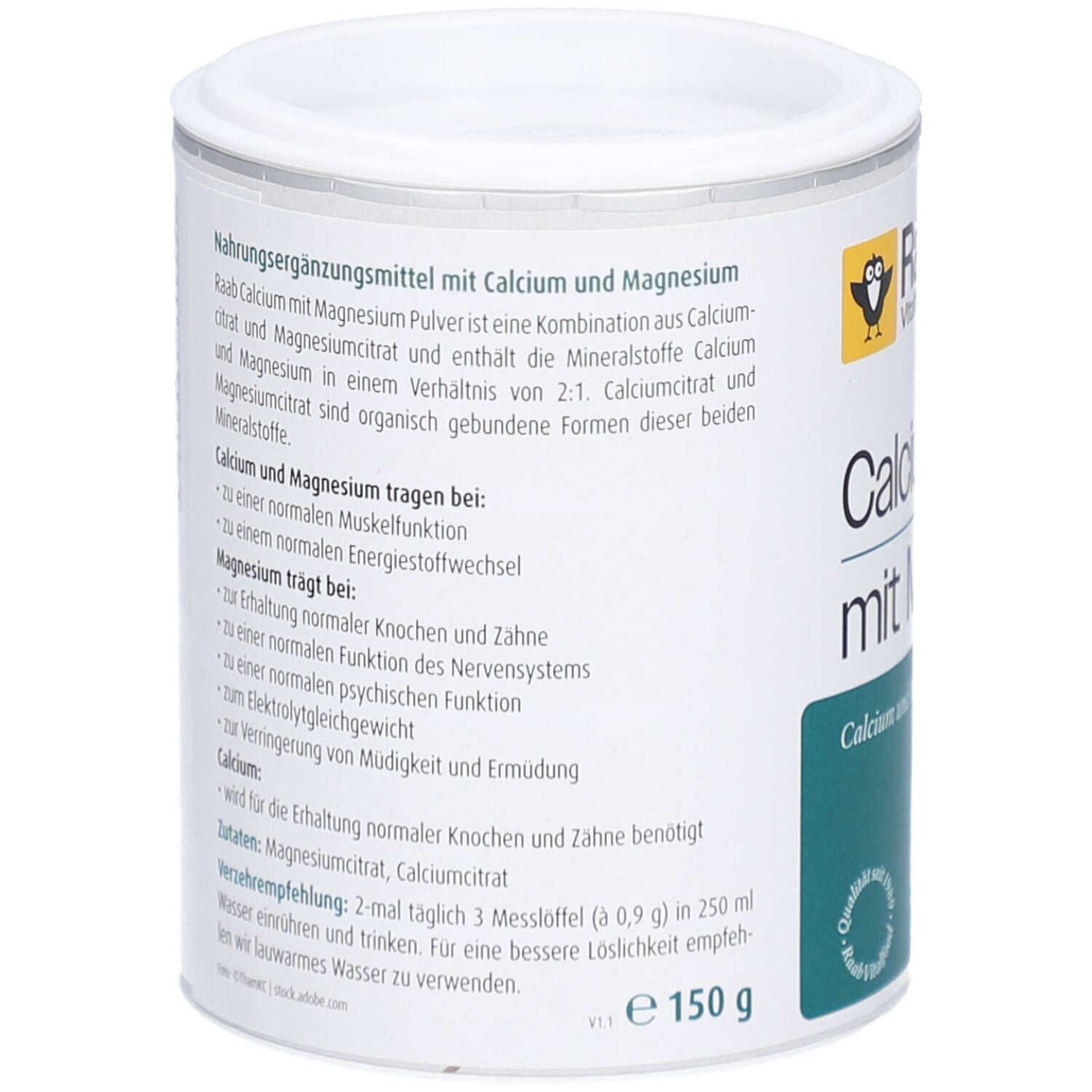 Rückseite der Dose mit Raab Vitalfood Calcium mit Magnesium Pulver. Text über Inhaltsstoffe und Anwendung.
