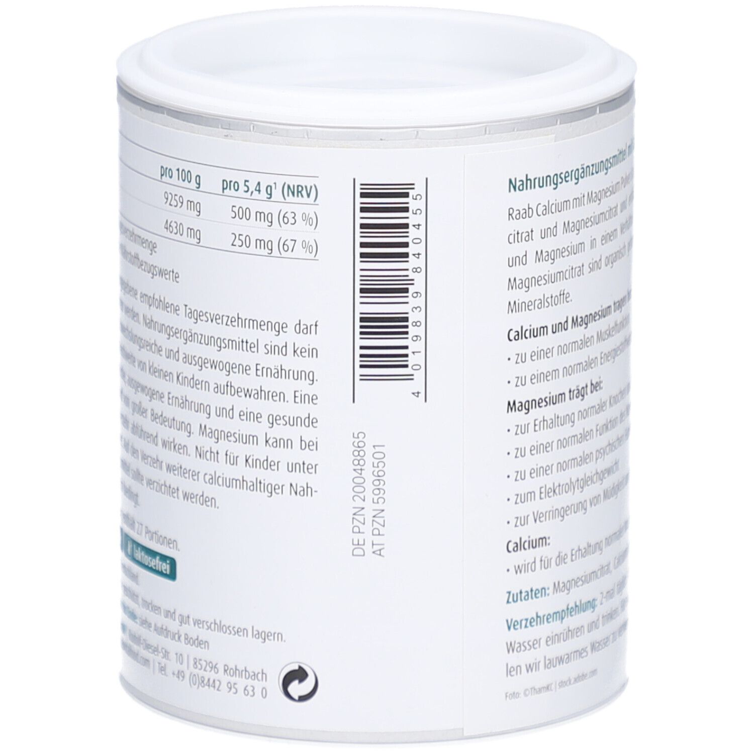 Rückseite der Dose mit Raab Vitalfood Calcium mit Magnesium Pulver. Nährwertangaben und Barcode.