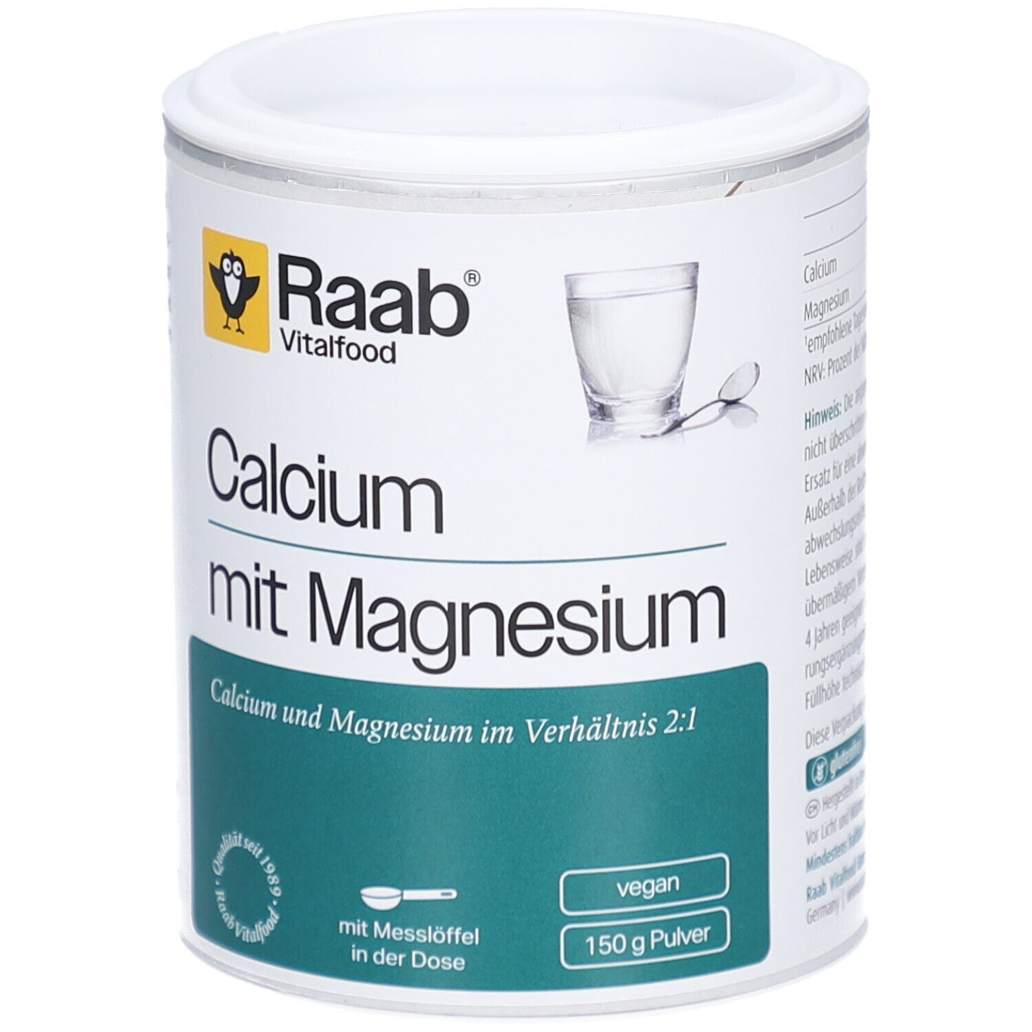 Dose mit Raab Vitalfood Calcium mit Magnesium Pulver. Aufschrift: Calcium mit Magnesium. Vegan. Mit Messlöffel.