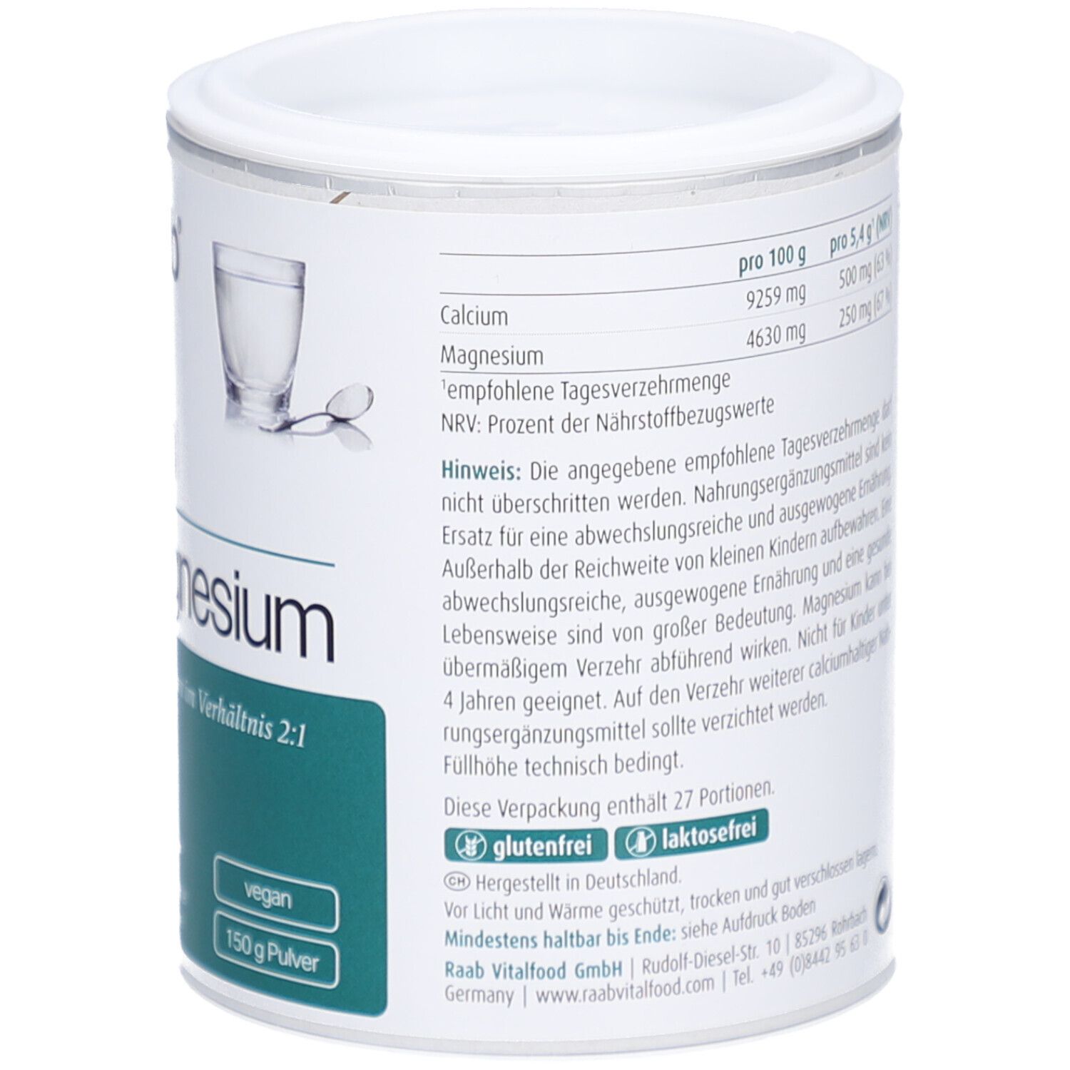 Dose mit Raab Vitalfood Calcium mit Magnesium Pulver. Aufschrift: Calcium mit Magnesium. Glutenfrei, laktosefrei.
