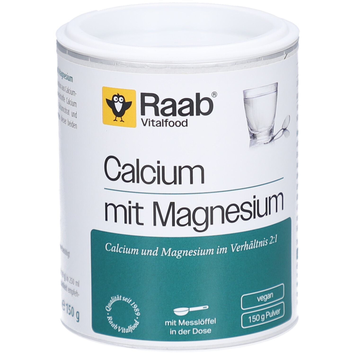 Dose mit Raab Vitalfood Calcium mit Magnesium Pulver. Aufschrift: Calcium mit Magnesium. Vegan. Mit Messlöffel.