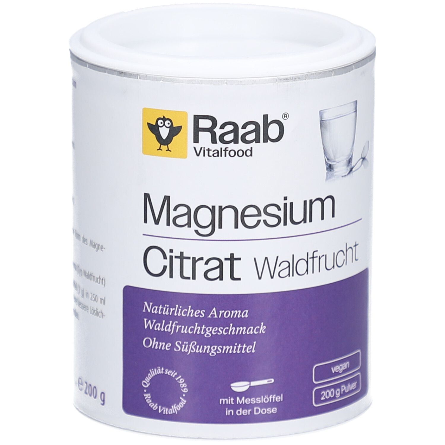 Weißes Dose mit Raab Vitalfood Magnesiumcitrat Waldfrucht Pulver. Aufdrucke: Magnesium Citrat, Waldfrüchte, vegan, 200g.