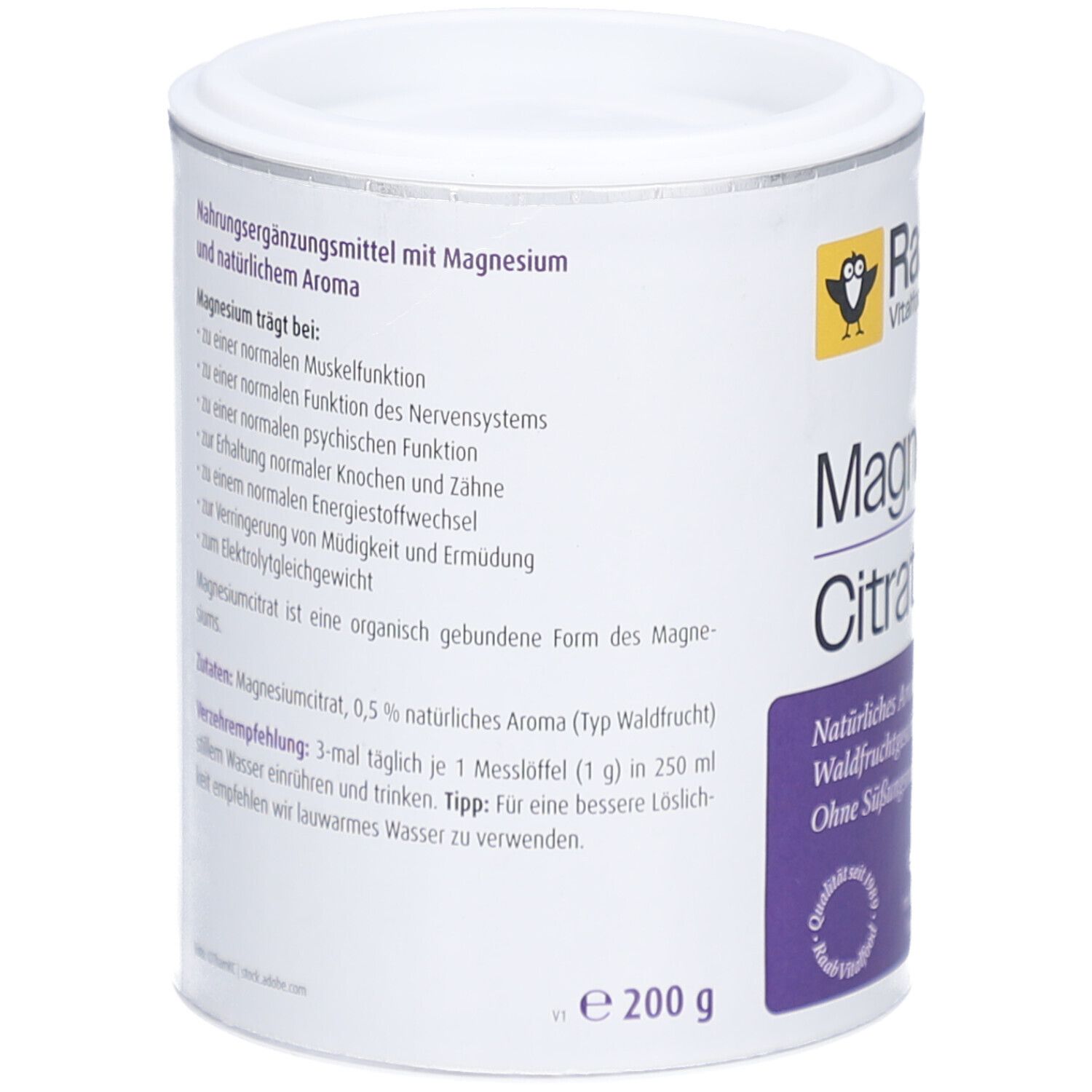 Weißes Dose mit Raab Vitalfood Magnesiumcitrat. Text: Nahrungsergänzungsmittel mit Magnesium. Magnesium trägt bei...