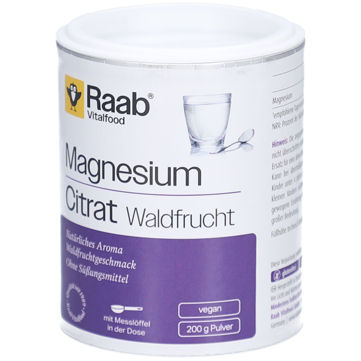 Weißes Dose mit Raab Vitalfood Magnesiumcitrat Waldfrucht Pulver. Aufdrucke: Magnesium Citrat, Waldfrüchte, vegan, 200g.