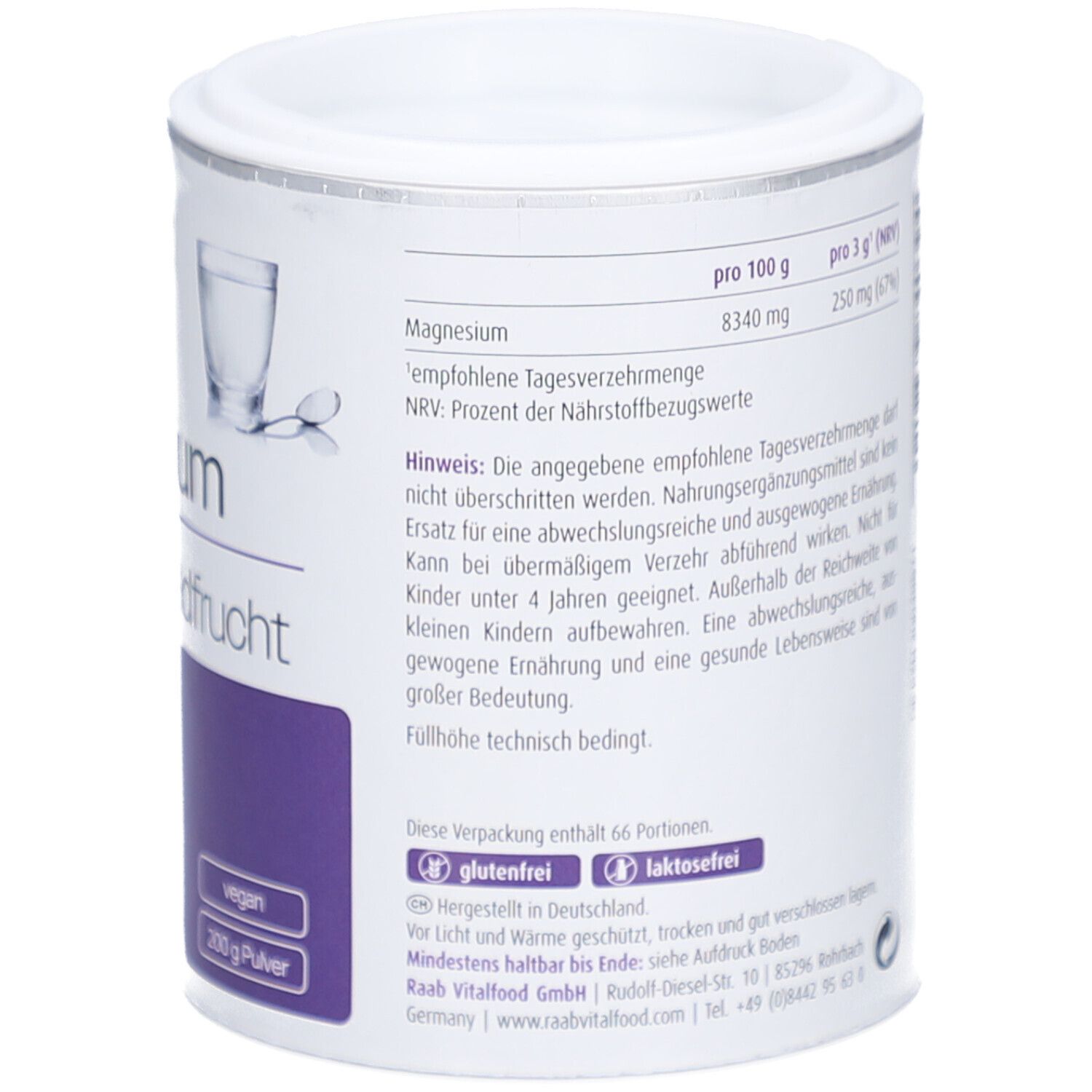 Weißes Dose mit Raab Vitalfood Magnesiumcitrat. Text: Magnesium, empfohlene Tagesmenge, glutenfrei, laktosefrei.
