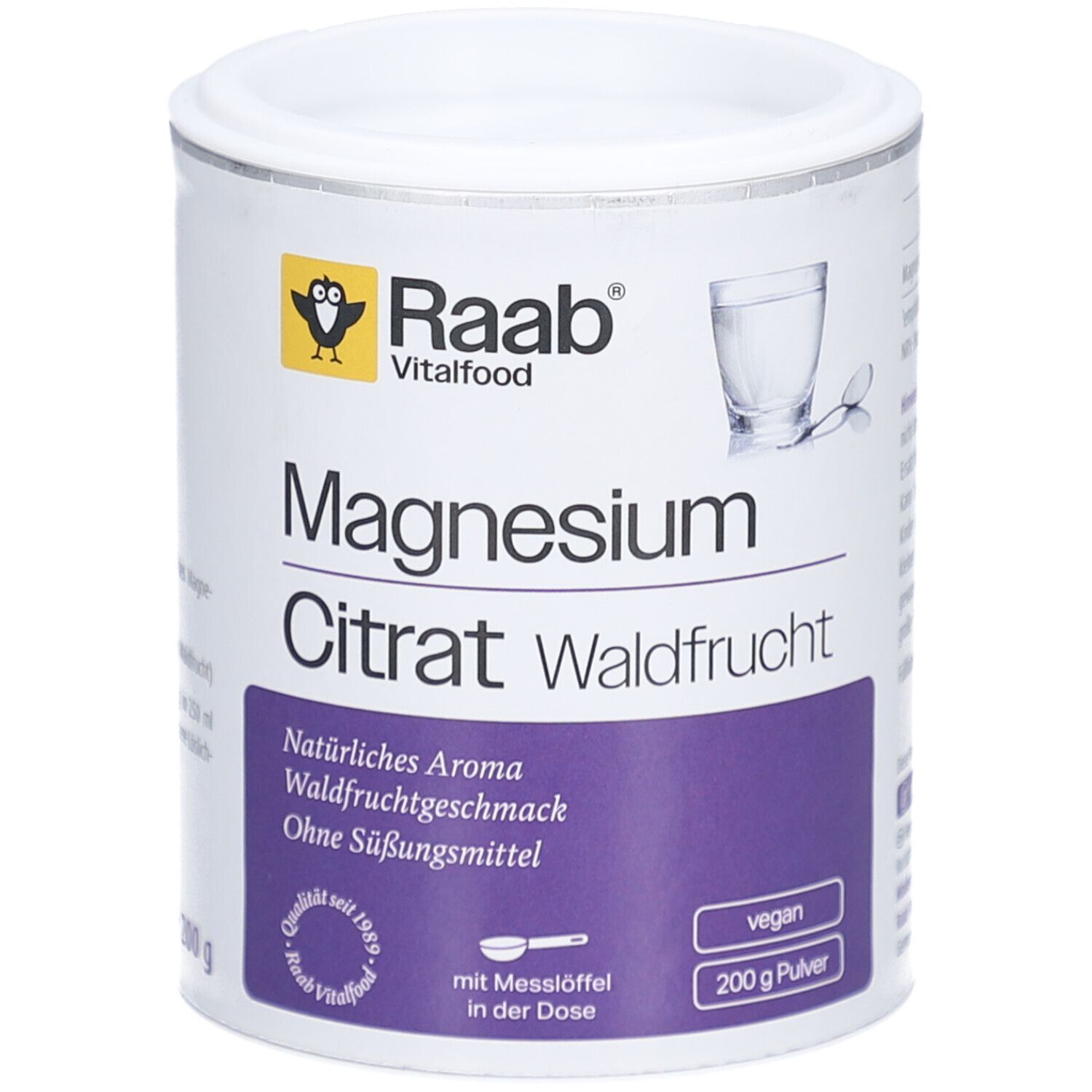 Weißes Dose mit Raab Vitalfood Magnesiumcitrat Waldfrucht Pulver. Aufdrucke: Magnesium Citrat, Waldfrüchte, vegan, 200g.