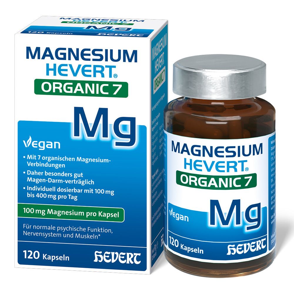 Magnesium Hevert Organic 7. Packung und Flasche mit Kapseln. Blaue und weiße Verpackung mit Produktinformationen. Flasche mit 120 Kapseln.