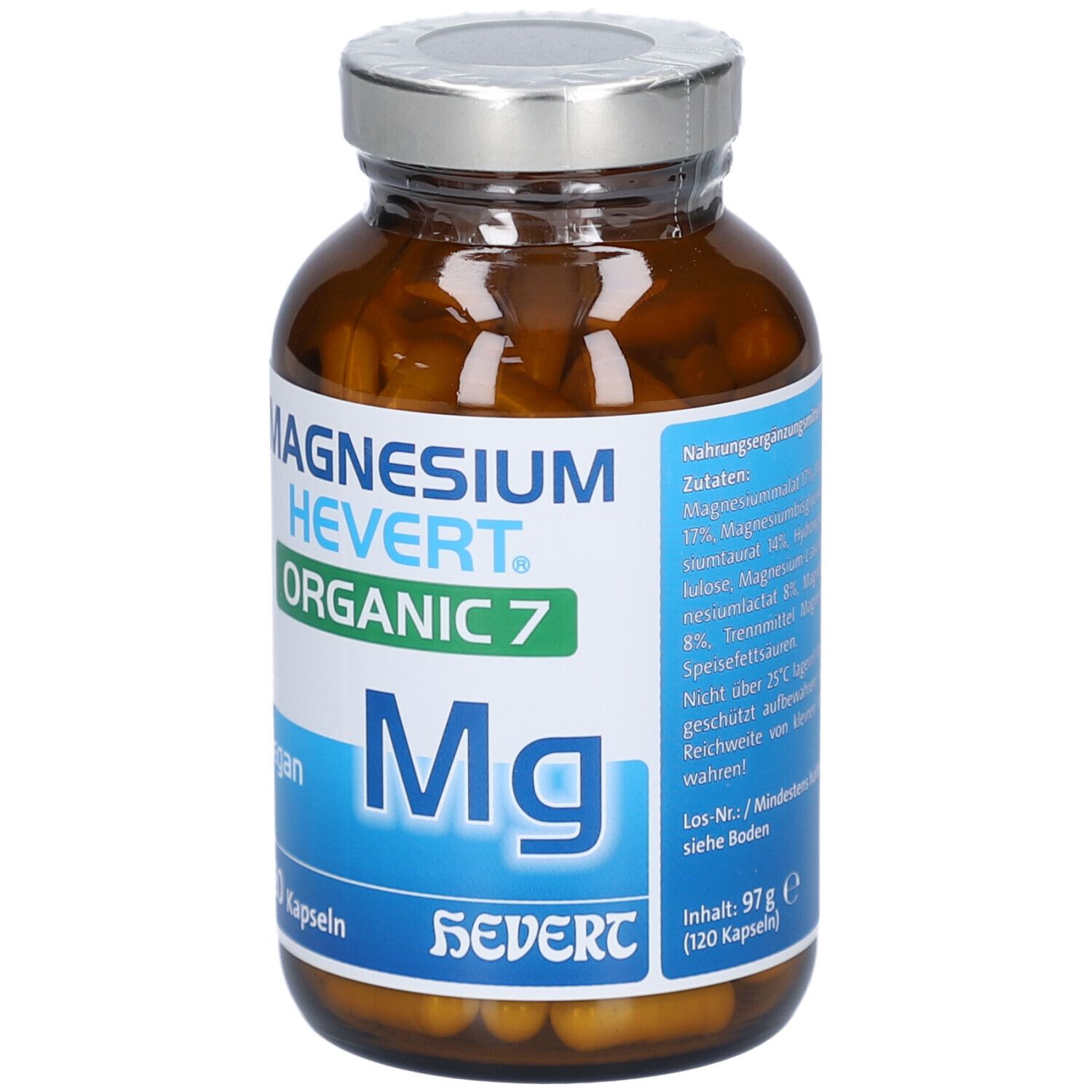 Braune Glasflasche mit Kapseln. Etikett mit "MAGNESIUM HEVERT Organic 7", "Mg", "120 Kapseln" und Inhaltsstoffen.