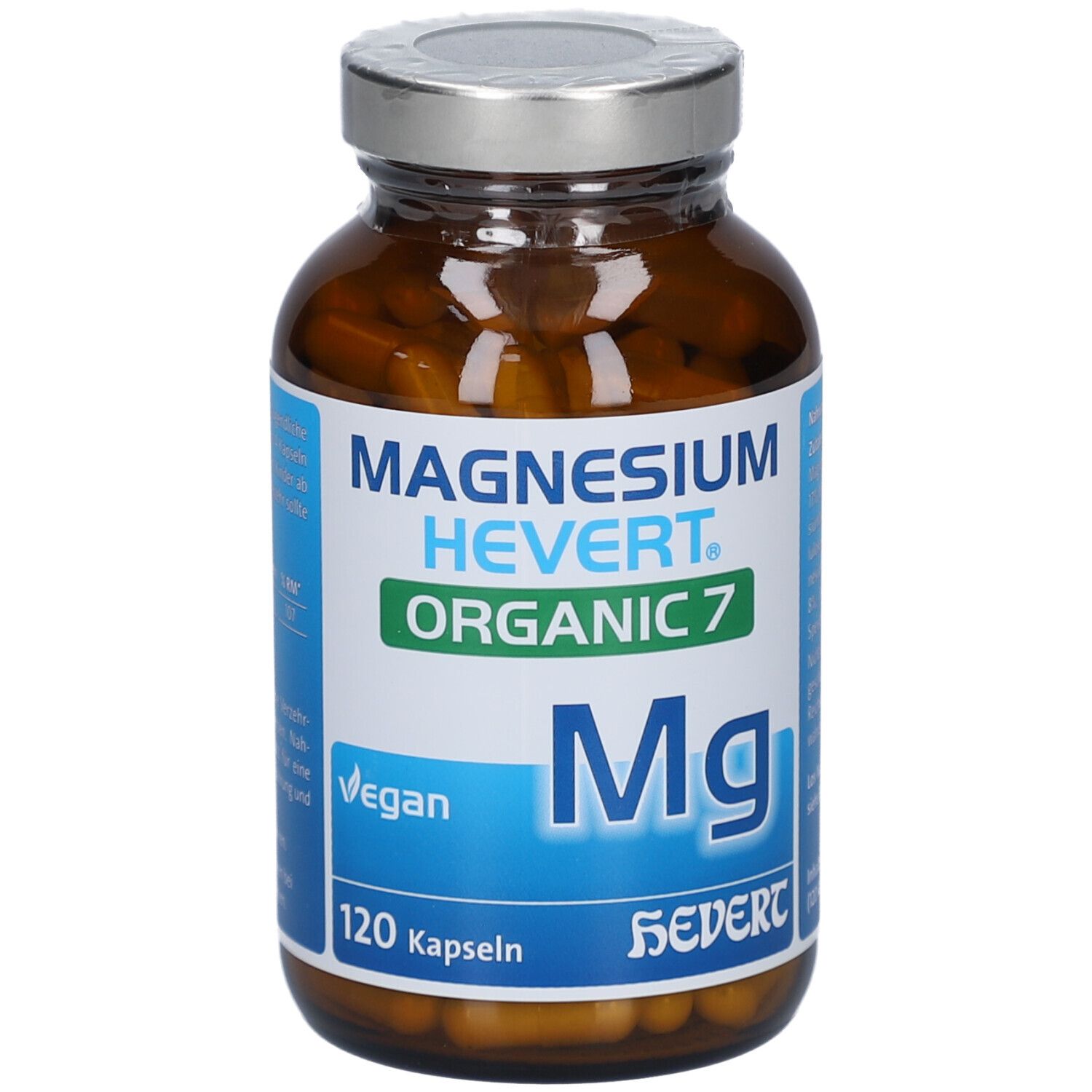 Braune Glasflasche mit Kapseln. Etikett mit "MAGNESIUM HEVERT Organic 7", "Mg" und "120 Kapseln".