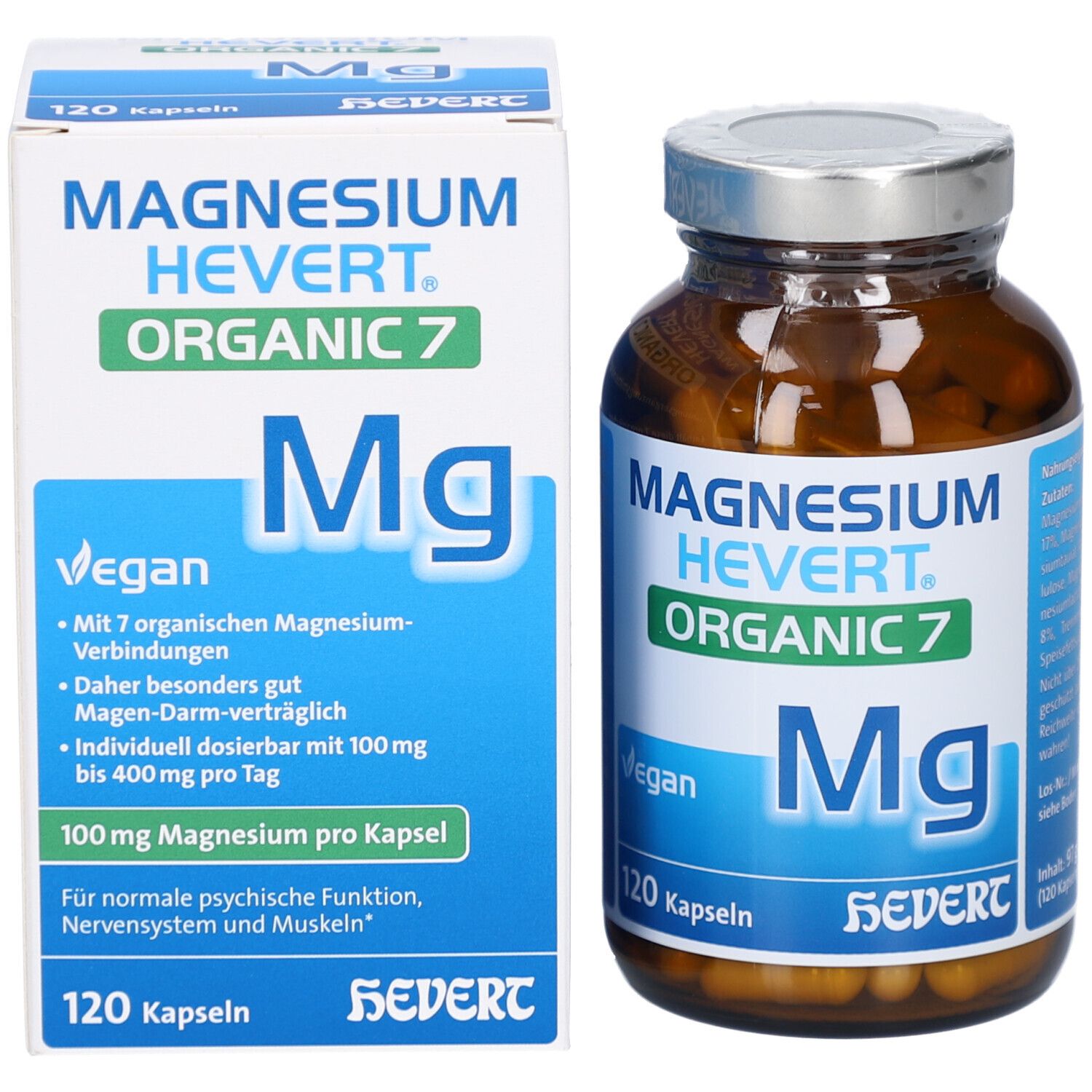 Produktpackung und Flasche mit Kapseln. Packung mit "MAGNESIUM HEVERT Organic 7", "Mg" und "120 Kapseln".