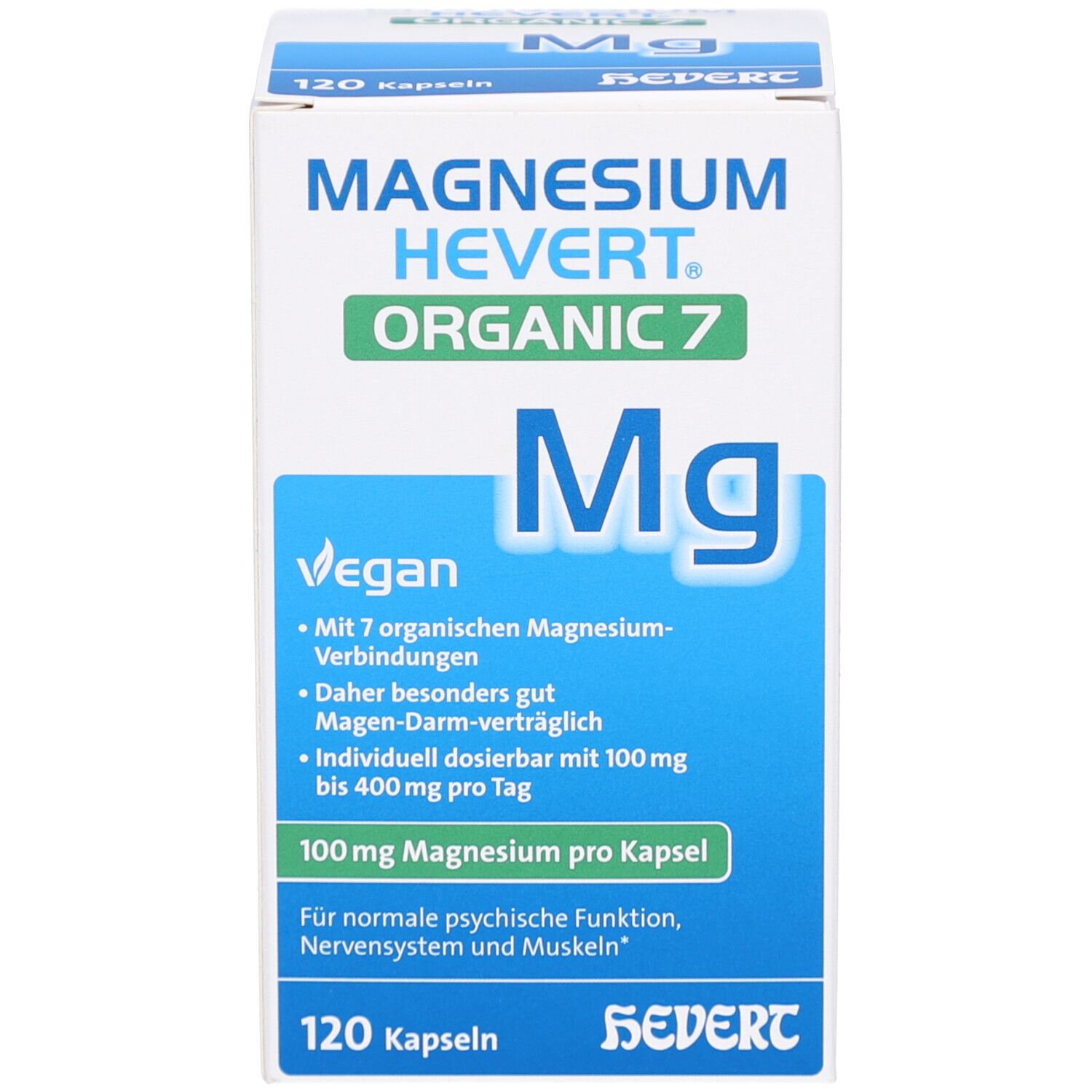 Produktpackung mit "MAGNESIUM HEVERT Organic 7", "Mg" und "120 Kapseln".