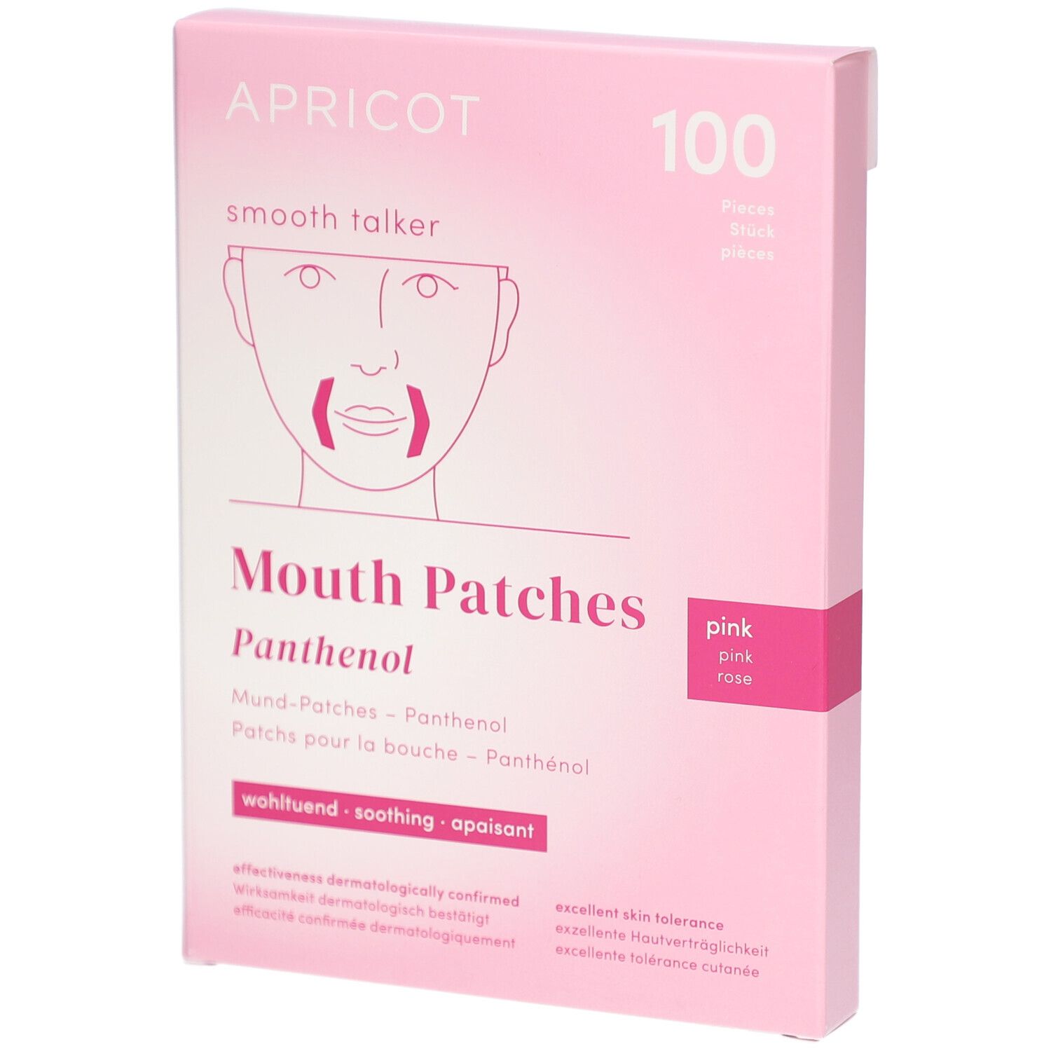 Rosa Karton mit APRICOT Mund-Patches mit Panthenol. Aufdruck: 100 Stück, Mund-Patches, Panthenol, wohltuend, beruhigend.