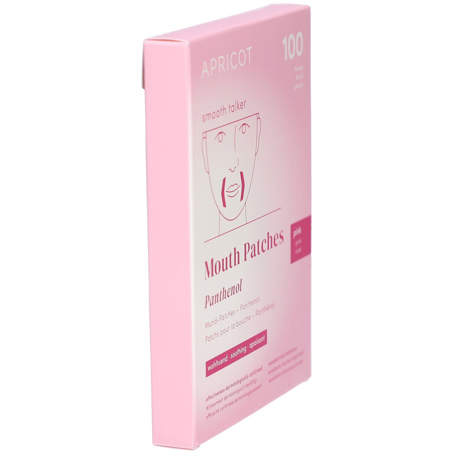 Rosa Karton APRICOT Mund-Patches mit Panthenol, Seitenansicht. Aufdruck: Mouth Patches, Panthenol, wohltuend, beruhigend.