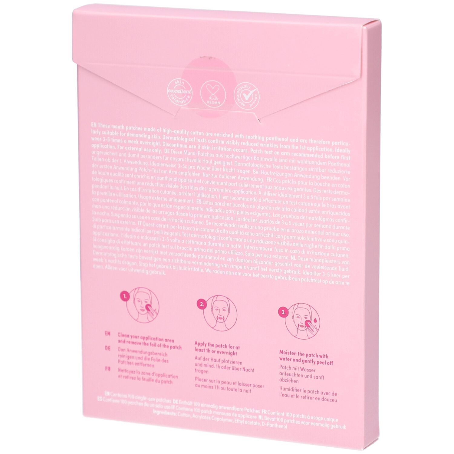 Rückseite der rosa Kartonverpackung. Abbildungen zur Anwendung der Mund-Patches. Text in Deutsch, Englisch, Französisch.