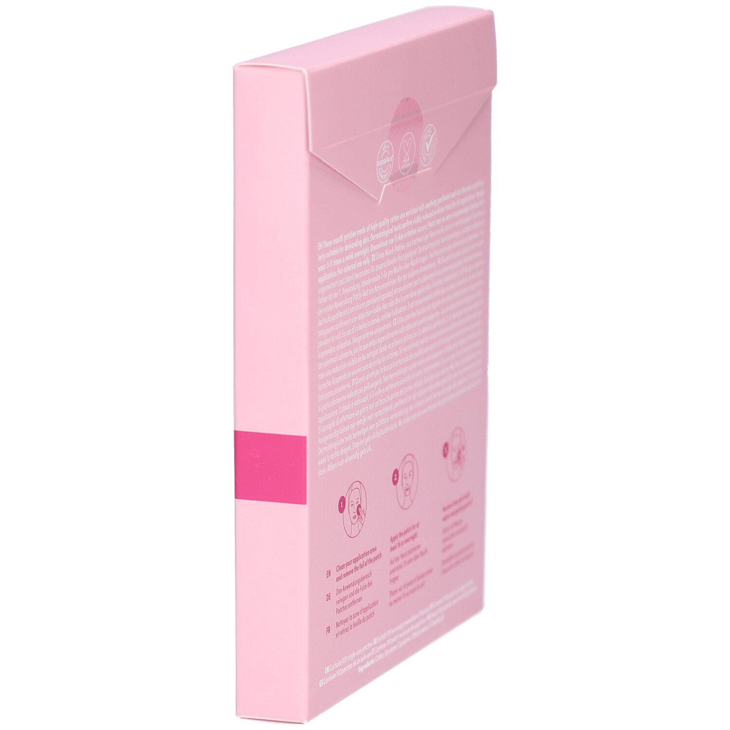 Rosa Karton, Seitenansicht. Rückseite mit Anwendungshinweisen und Logos. Text in Deutsch, Englisch, Französisch.