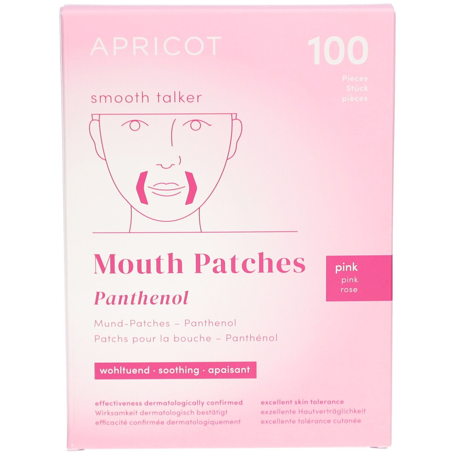 Rosa Karton APRICOT Mund-Patches mit Panthenol. Aufdruck: 100 Stück, Mund-Patches, Panthenol, wohltuend, beruhigend.