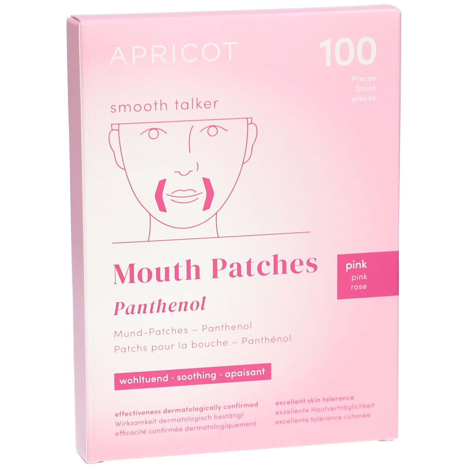 Rosa Karton APRICOT Mund-Patches mit Panthenol. Aufdruck: 100 Stück, Mund-Patches, Panthenol, wohltuend, beruhigend.