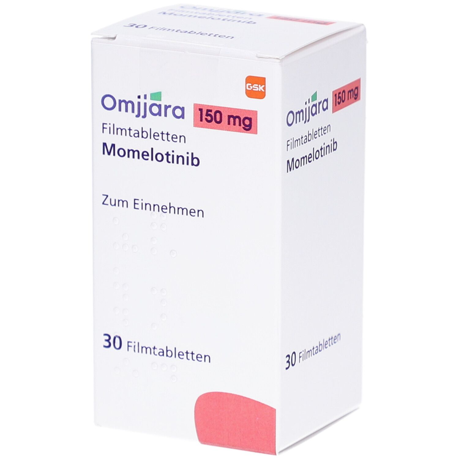 Weiße Schachtel mit OMJJARA 150 mg Filmtabletten. Aufschrift: Momelotinib, 30 Filmtabletten. Roter Akzent.