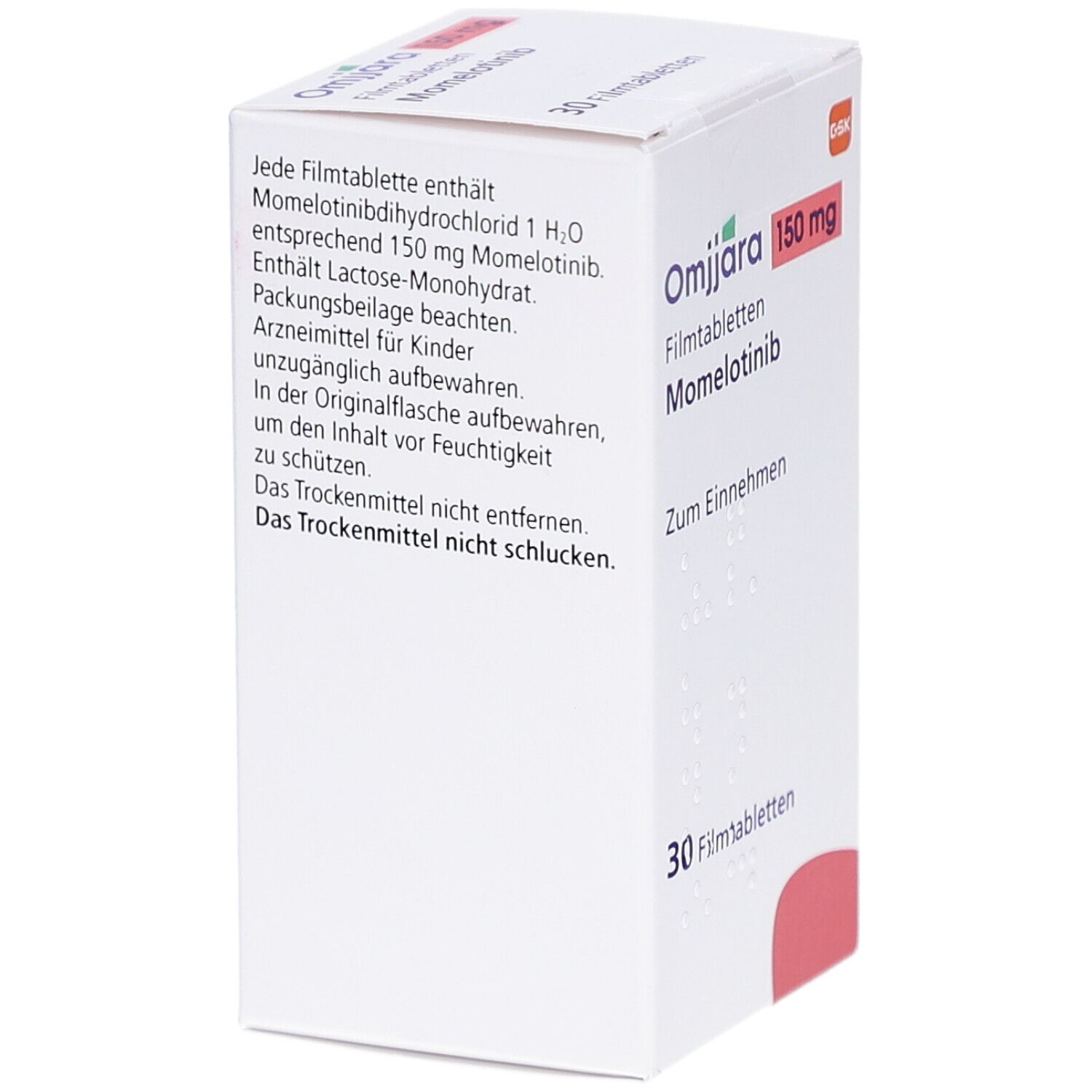 Weiße Schachtel mit Text. Enthält Informationen zu Inhaltsstoffen, Anwendung und Warnhinweisen. Roter Akzent.