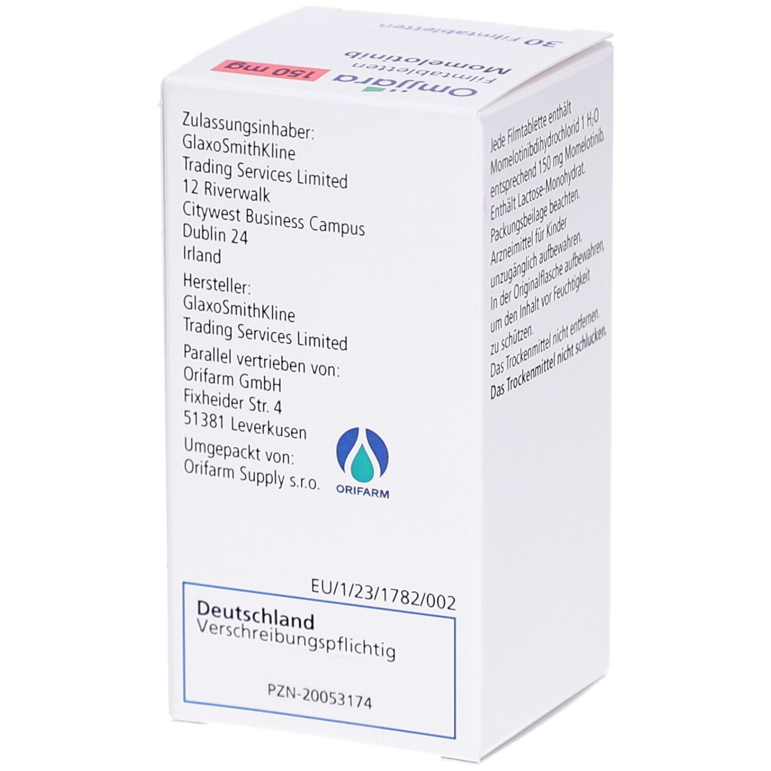 Weiße Schachtel mit Text. Enthält Informationen zu Hersteller, Vertrieb und Zulassung. Blaues Logo.