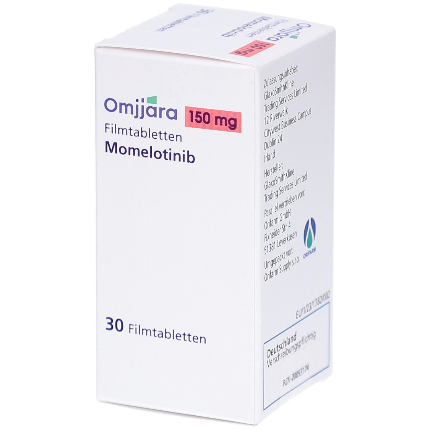 Weiße Schachtel mit OMJJARA 150 mg Filmtabletten. Aufschrift: Momelotinib, 30 Filmtabletten. Roter Akzent.