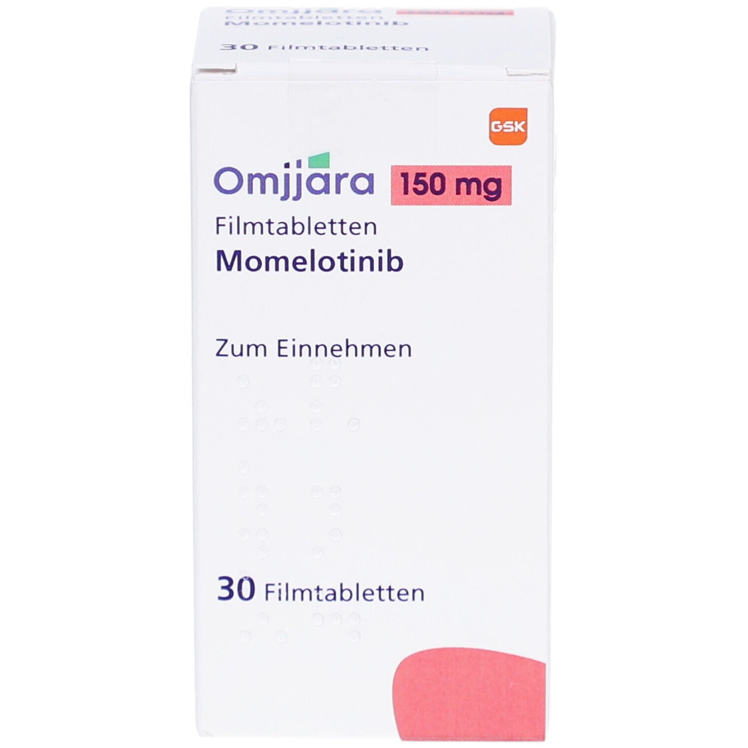 Weiße Schachtel mit OMJJARA 150 mg Filmtabletten. Aufschrift: Momelotinib, 30 Filmtabletten. Roter Akzent.