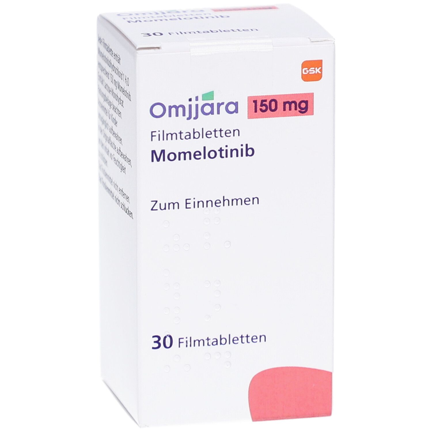 Weiße Schachtel mit OMJJARA 150 mg Filmtabletten. Aufschrift: Momelotinib, 30 Filmtabletten. Roter Akzent.