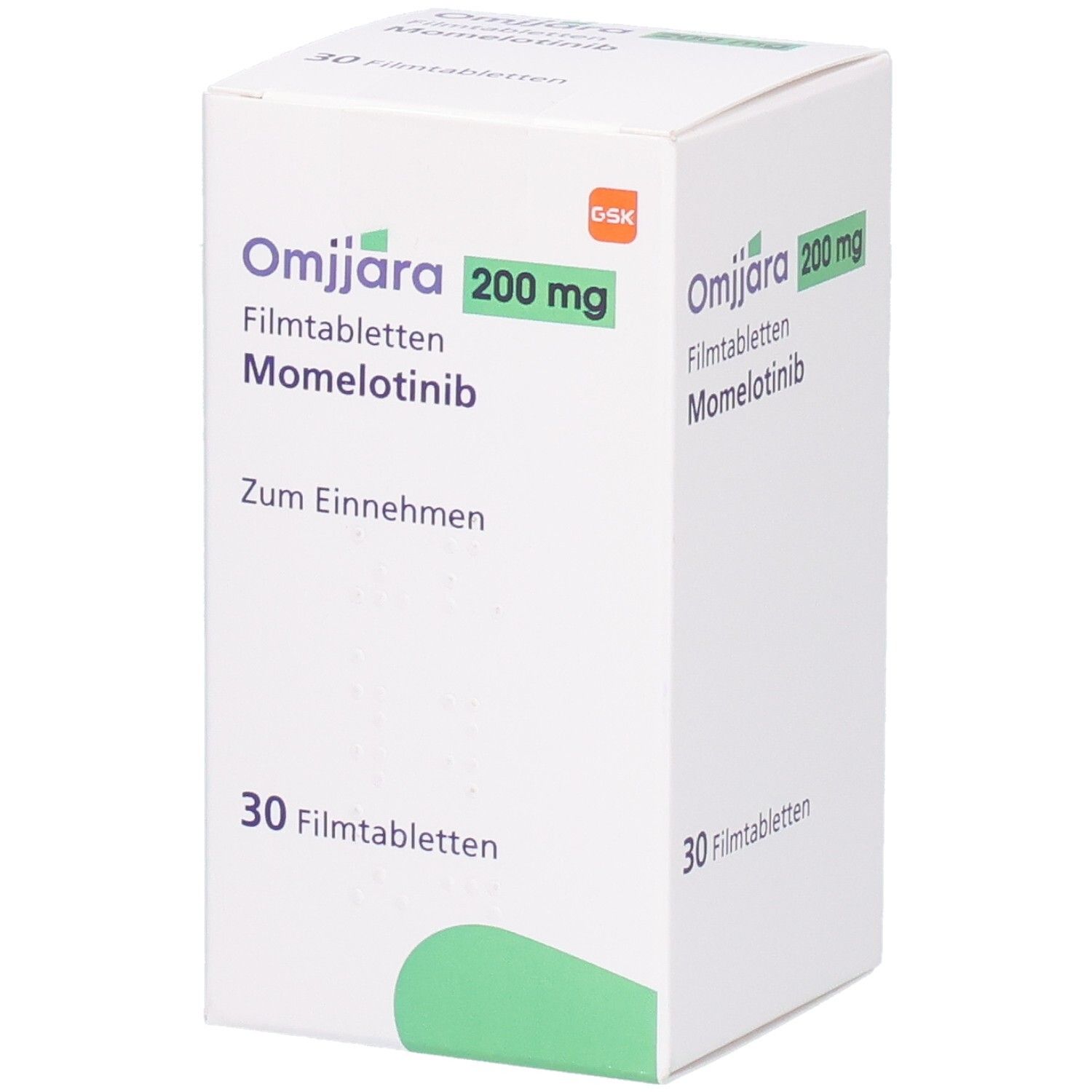 Schachtel OMJJARA 200 mg Filmtabletten. Aufschrift: Momelotinib, 30 Filmtabletten, Zum Einnehmen. Grün-weiße Verpackung.