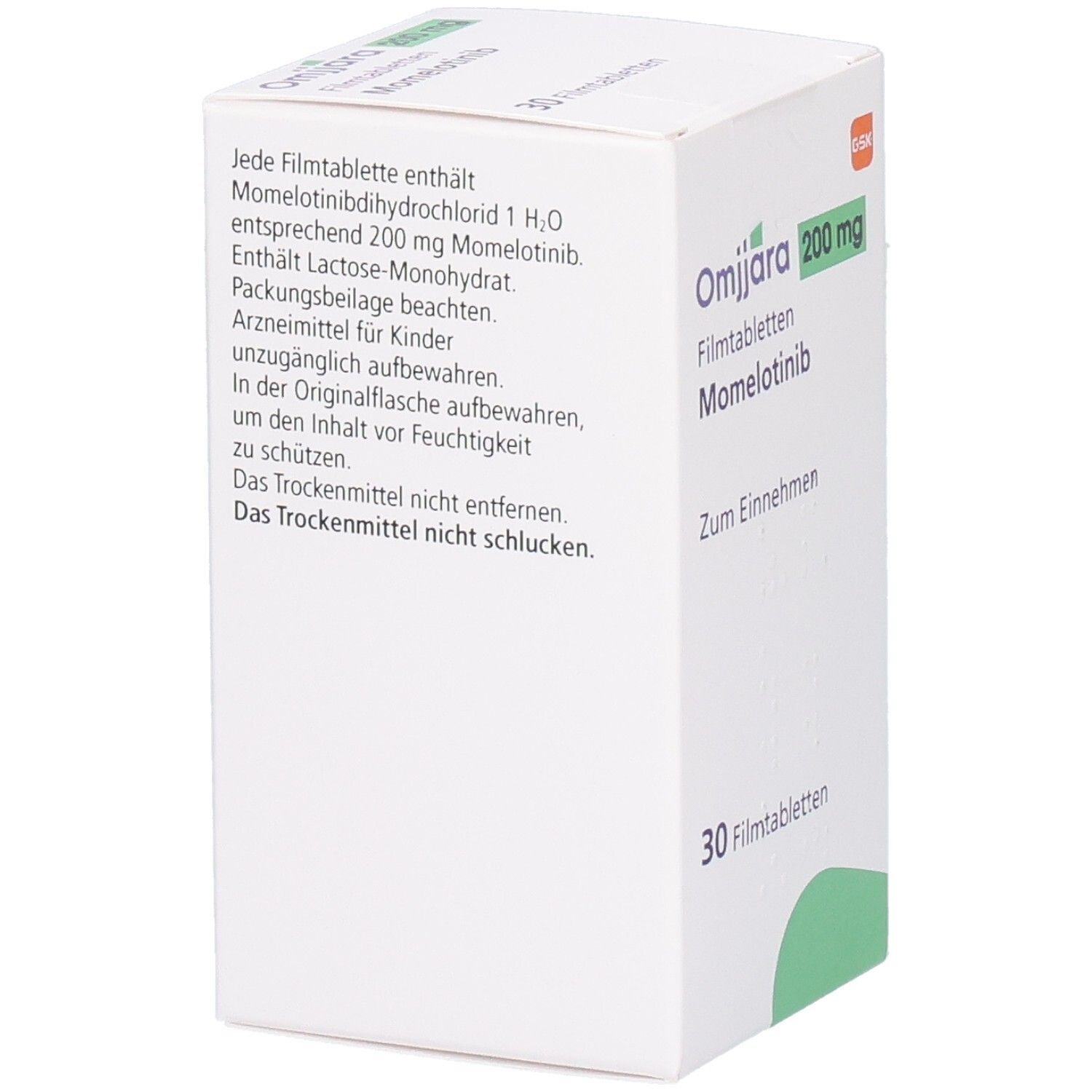 Rückseite der OMJJARA 200 mg Filmtabletten-Schachtel. Enthält Informationen zu Inhaltsstoffen und Anwendung. Text in deutscher Sprache.