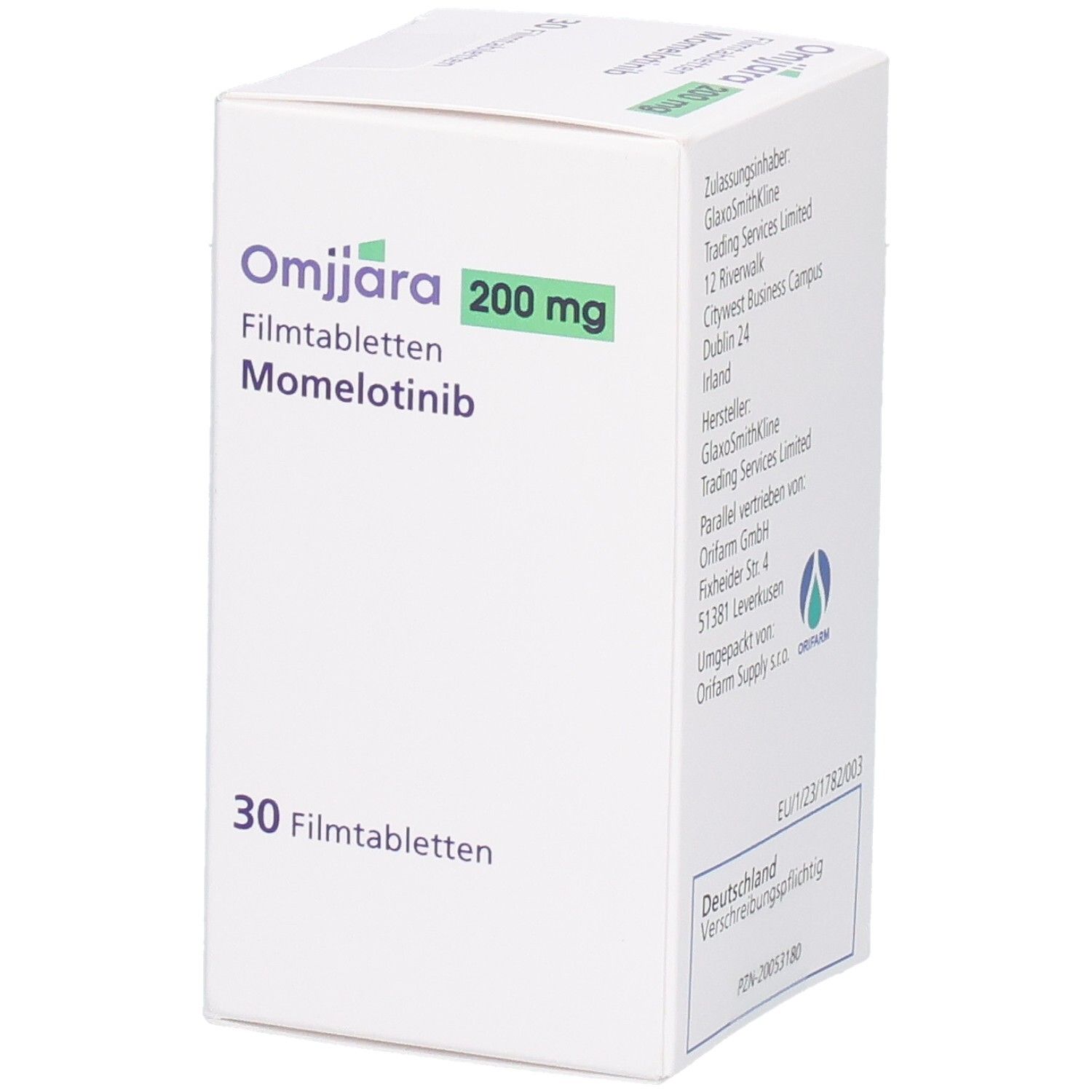 Seitenansicht der OMJJARA 200 mg Filmtabletten-Schachtel. Enthält Informationen zu Hersteller und Zulassung. Text in deutscher Sprache.