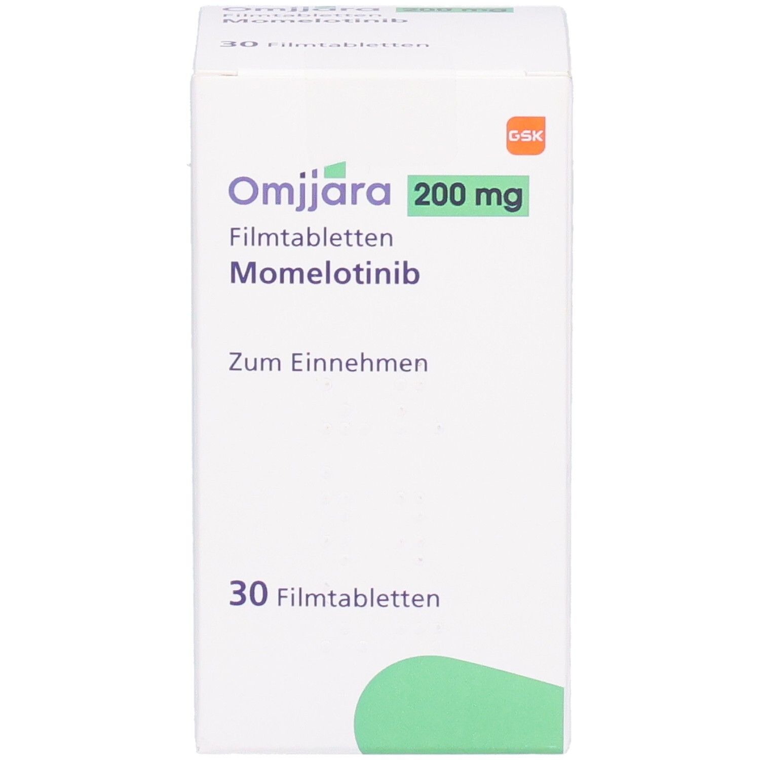 Vorderansicht der OMJJARA 200 mg Filmtabletten-Schachtel. Aufschrift: Momelotinib, 30 Filmtabletten, Zum Einnehmen. Grün-weiße Verpackung.