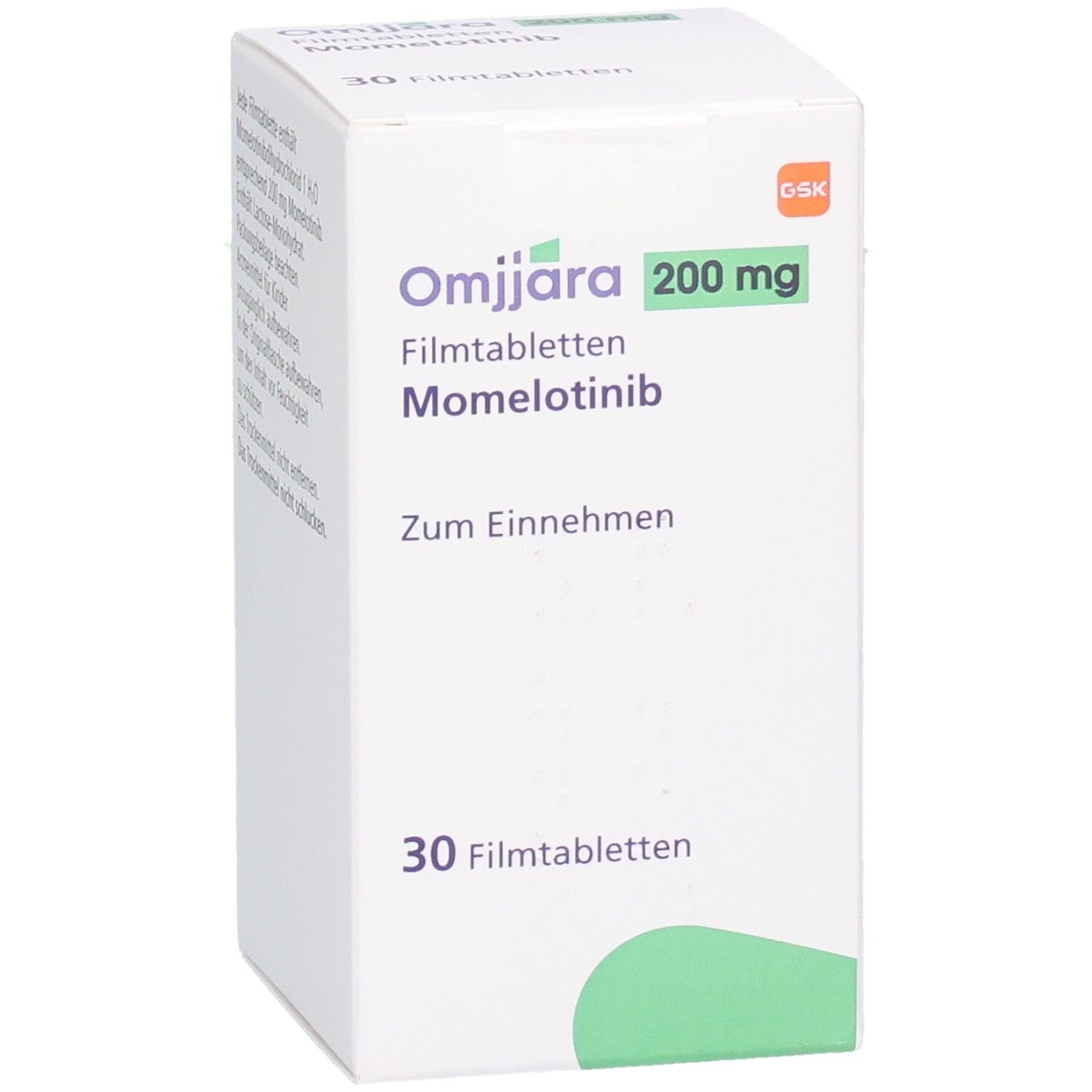 Vorderansicht der OMJJARA 200 mg Filmtabletten-Schachtel. Aufschrift: Momelotinib, 30 Filmtabletten, Zum Einnehmen. Grün-weiße Verpackung.