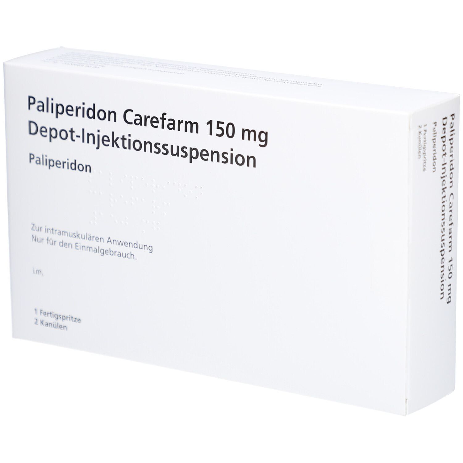 Weiße rechteckige Verpackung. Aufschrift: Paliperidon Carefarm 150 mg Depot-Injektionssuspension. Enthält Fertigspritze und Kanülen.