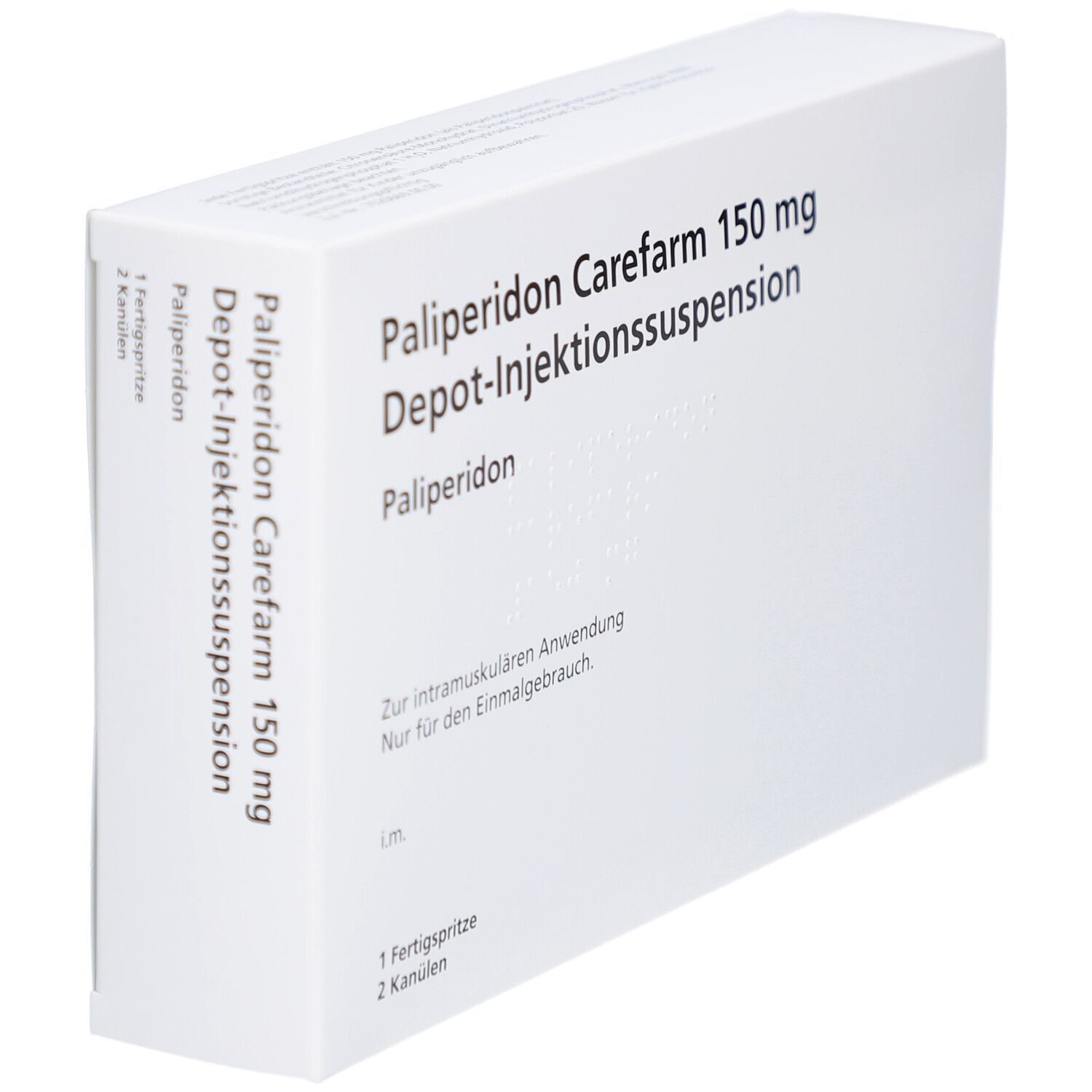 Weiße rechteckige Verpackung. Aufschrift: Paliperidon Carefarm 150 mg Depot-Injektionssuspension. Enthält Fertigspritze und Kanülen.